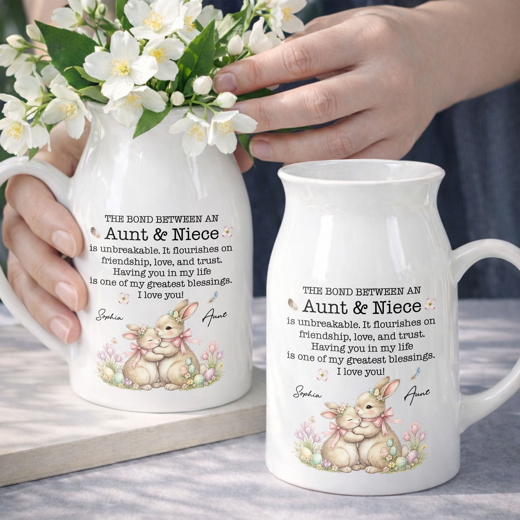 The Bond Between An Aunt And Niece Unbreakable Blessing With Bunnies And Flowers - Personalized Ceramic Flower Vase