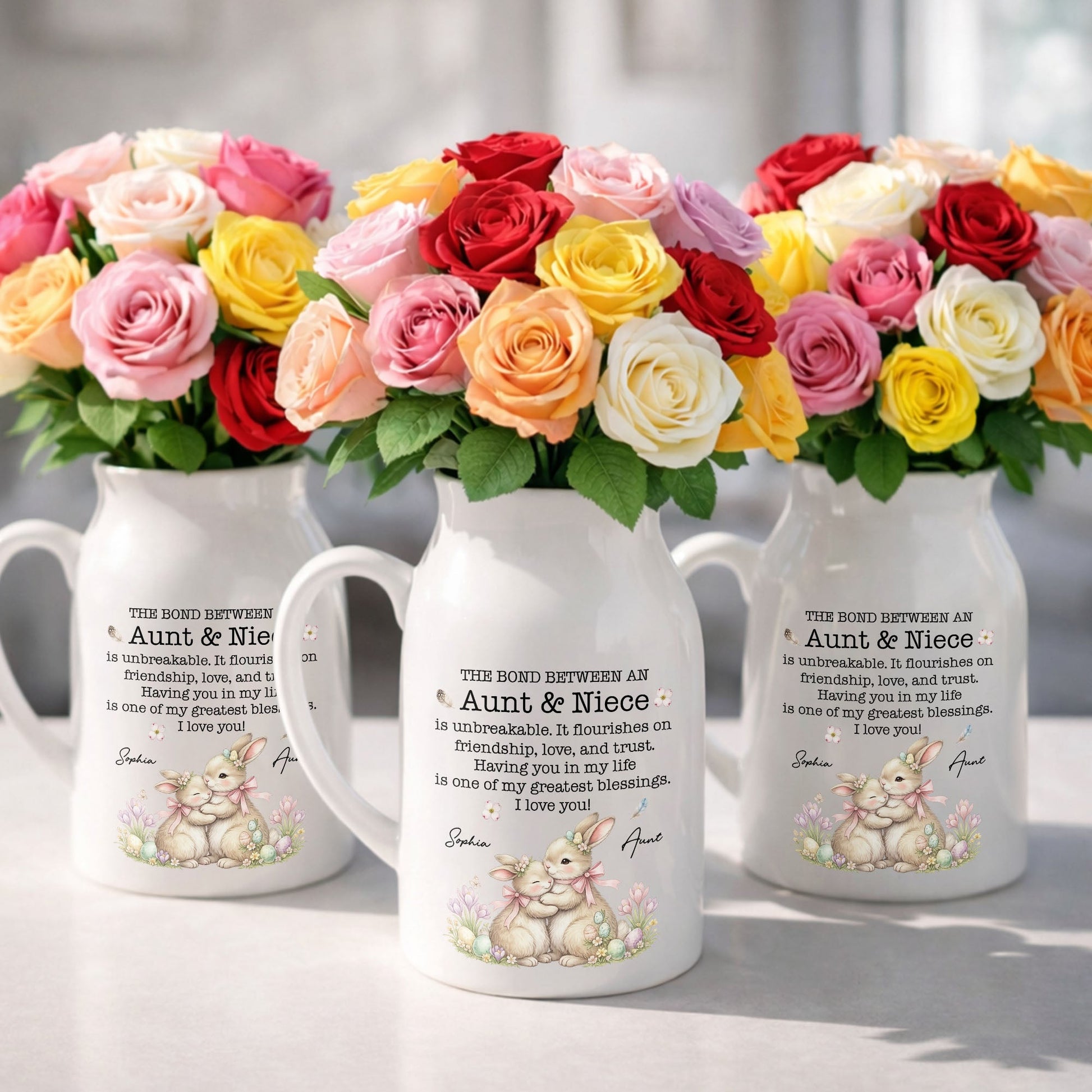 The Bond Between An Aunt And Niece Unbreakable Blessing With Bunnies And Flowers - Personalized Ceramic Flower Vase
