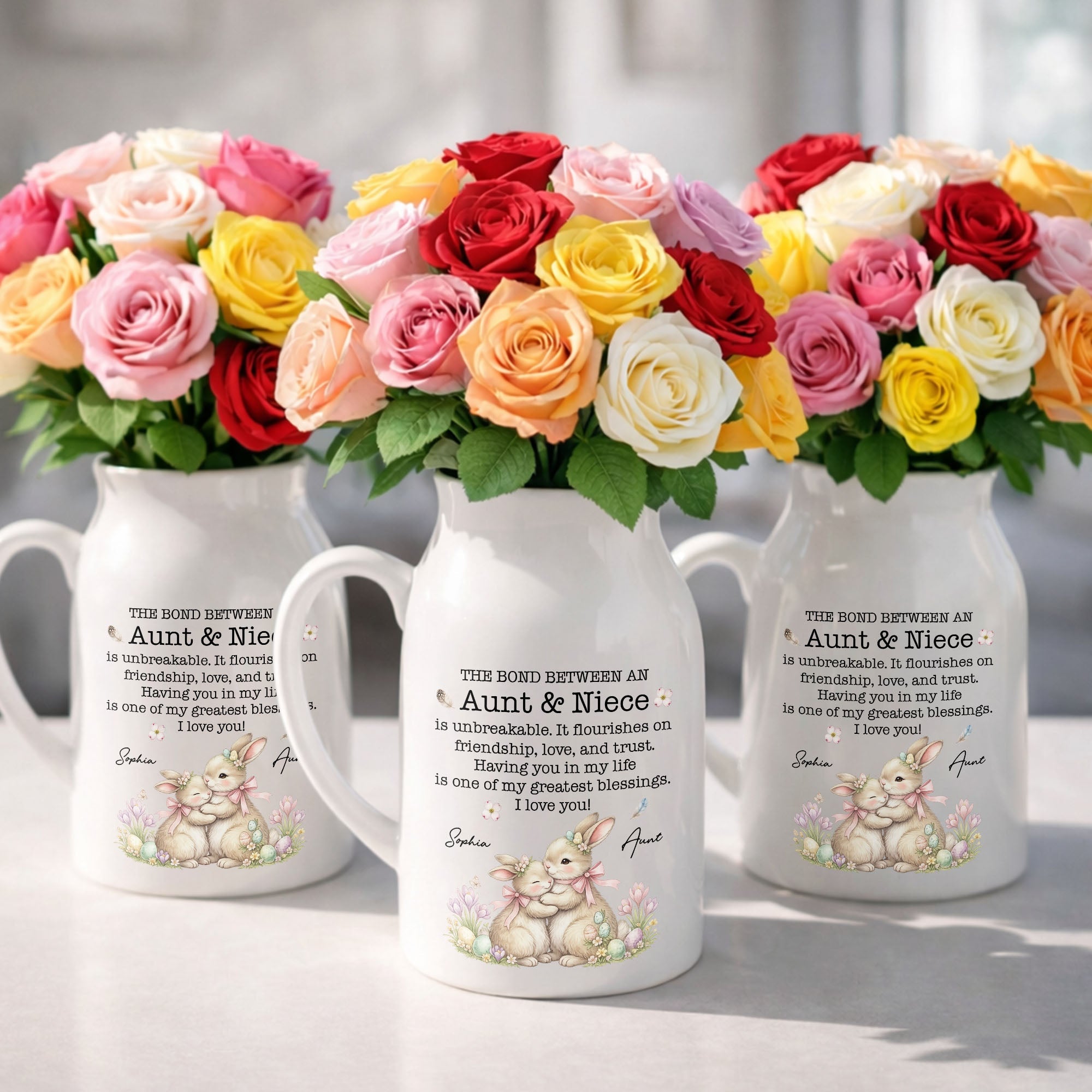 The Bond Between An Aunt And Niece Unbreakable Blessing With Bunnies And Flowers - Personalized Ceramic Flower Vase