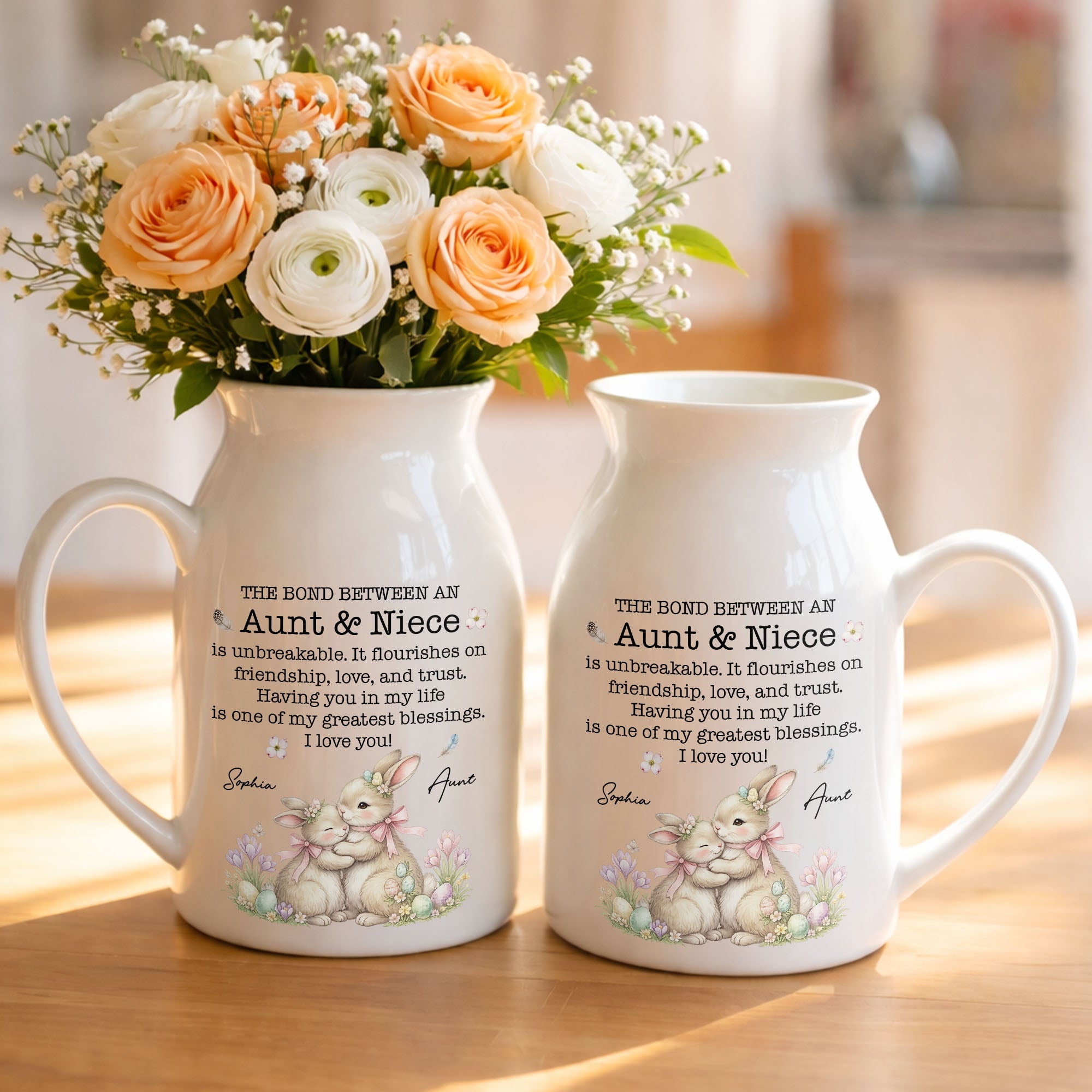 The Bond Between An Aunt And Niece Unbreakable Blessing With Bunnies And Flowers - Personalized Ceramic Flower Vase