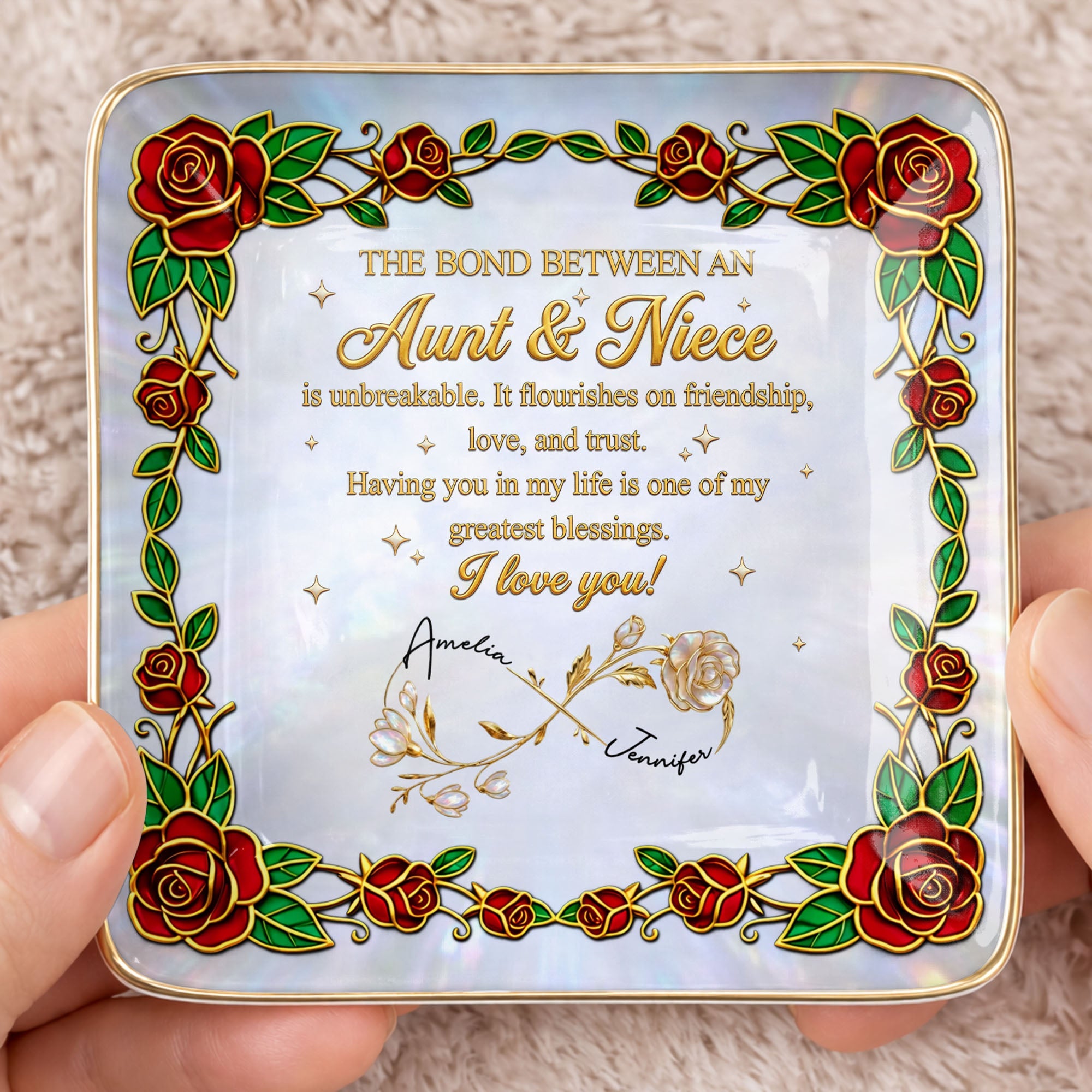 The Bond Between An Aunt And Niece Red Roses Stained Glass Effect - Personalized Custom Jewelry Dish, Ceramic Dish, Square Shape - NCE047_SCRF
