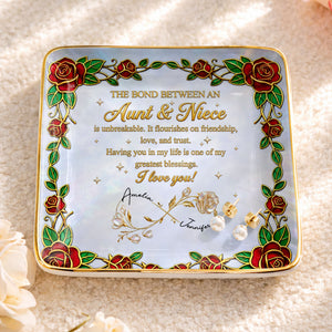 The Bond Between An Aunt And Niece Red Roses Stained Glass Effect - Personalized Custom Jewelry Dish, Ceramic Dish, Square Shape - NCE047_SCRF
