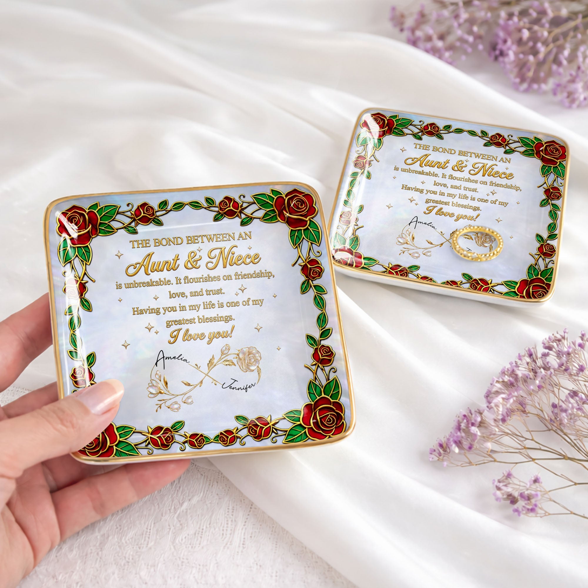 The Bond Between An Aunt And Niece Red Roses Stained Glass Effect - Personalized Custom Jewelry Dish, Ceramic Dish, Square Shape - NCE047_SCRF