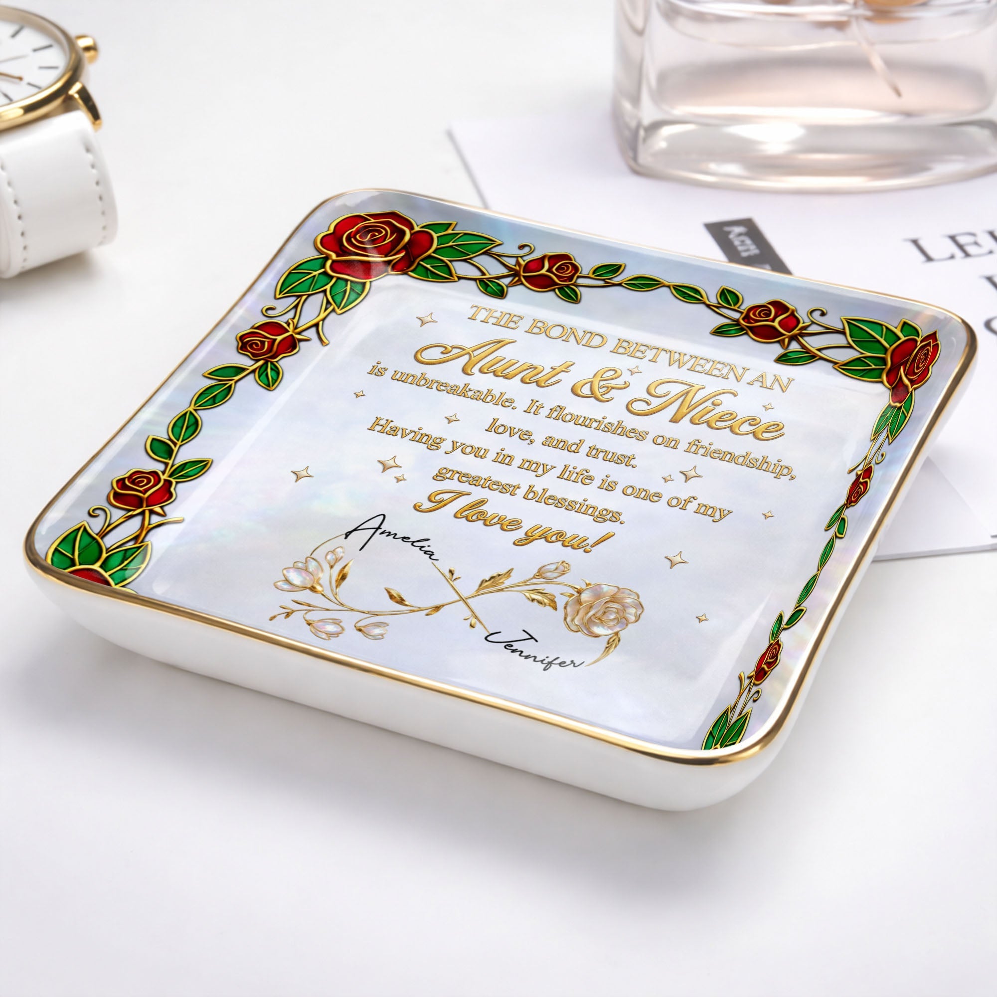 The Bond Between An Aunt And Niece Red Roses Stained Glass Effect - Personalized Custom Jewelry Dish, Ceramic Dish, Square Shape - NCE047_SCRF