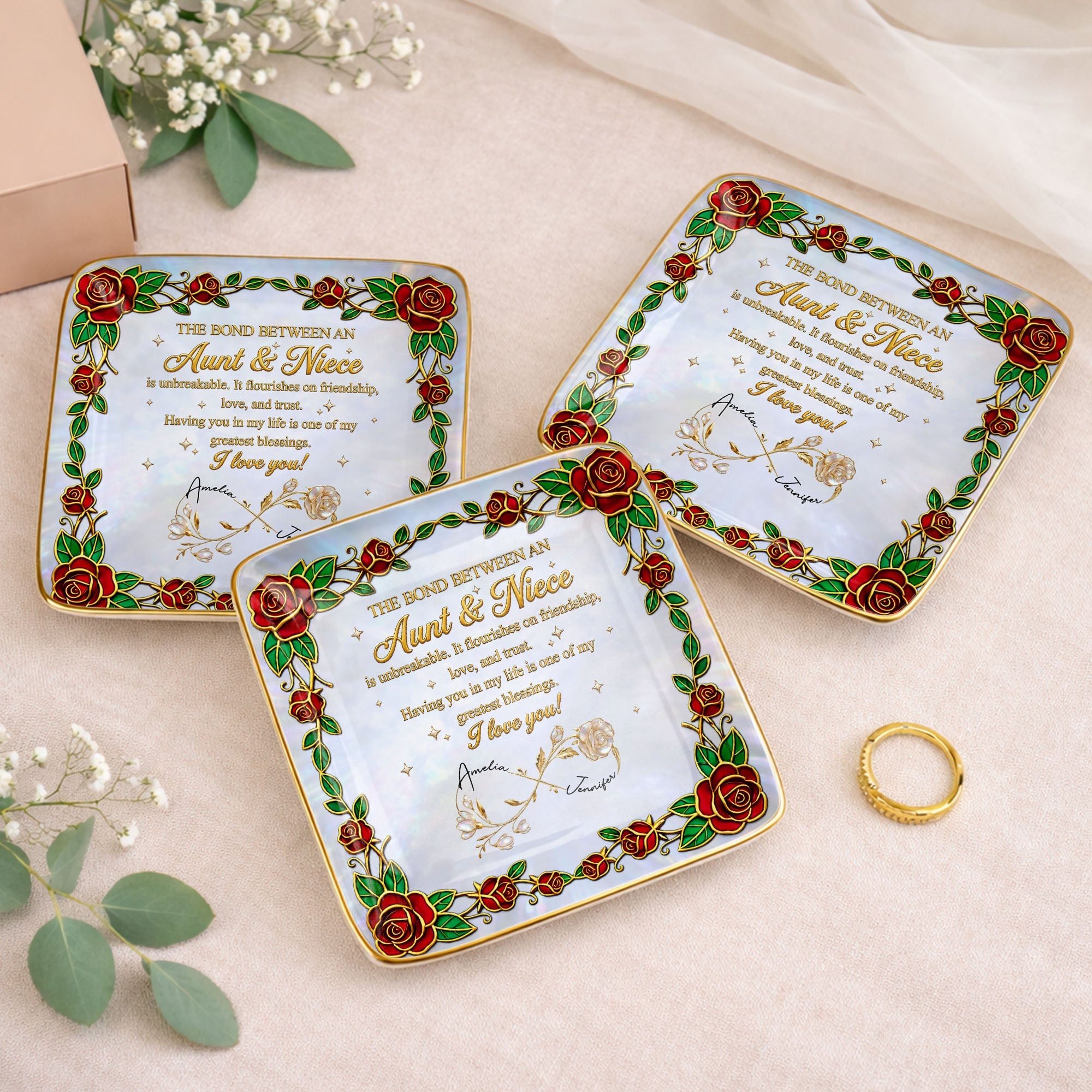 The Bond Between An Aunt And Niece Red Roses Stained Glass Effect - Personalized Custom Jewelry Dish, Ceramic Dish, Square Shape - NCE047_SCRF