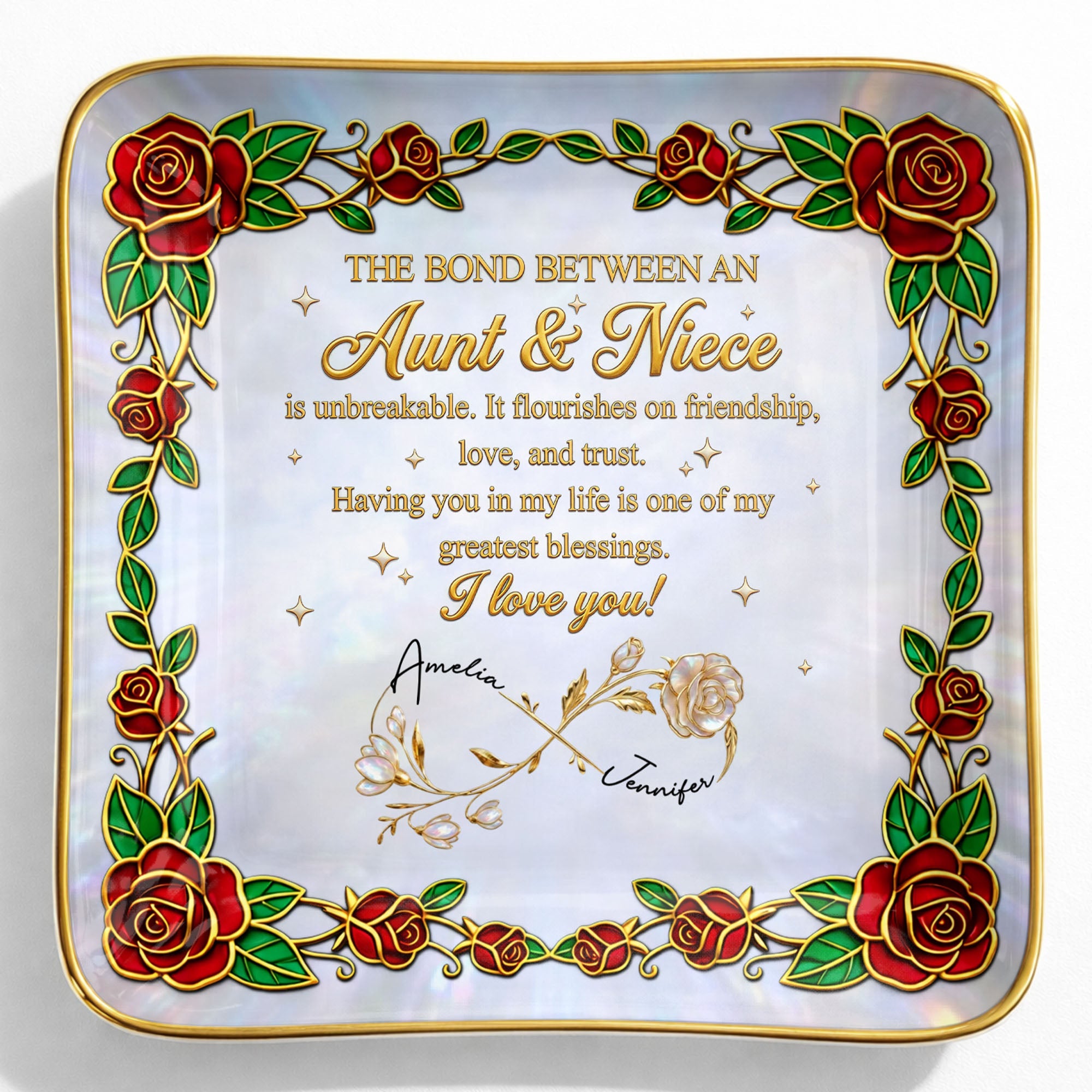 The Bond Between An Aunt And Niece Red Roses Stained Glass Effect - Personalized Custom Jewelry Dish, Ceramic Dish, Square Shape - NCE047_SCRF
