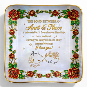 The Bond Between An Aunt And Niece Red Roses Stained Glass Effect - Personalized Custom Jewelry Dish, Ceramic Dish, Square Shape - NCE047_SCRF