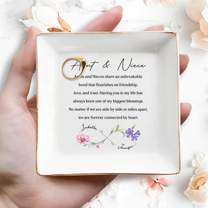 Aunt & Niece Unbreakable Bond With Birth Month Flowers - Personalized Custom Jewelry Dish, Square Ceramic Dish - NCE048_SCRD