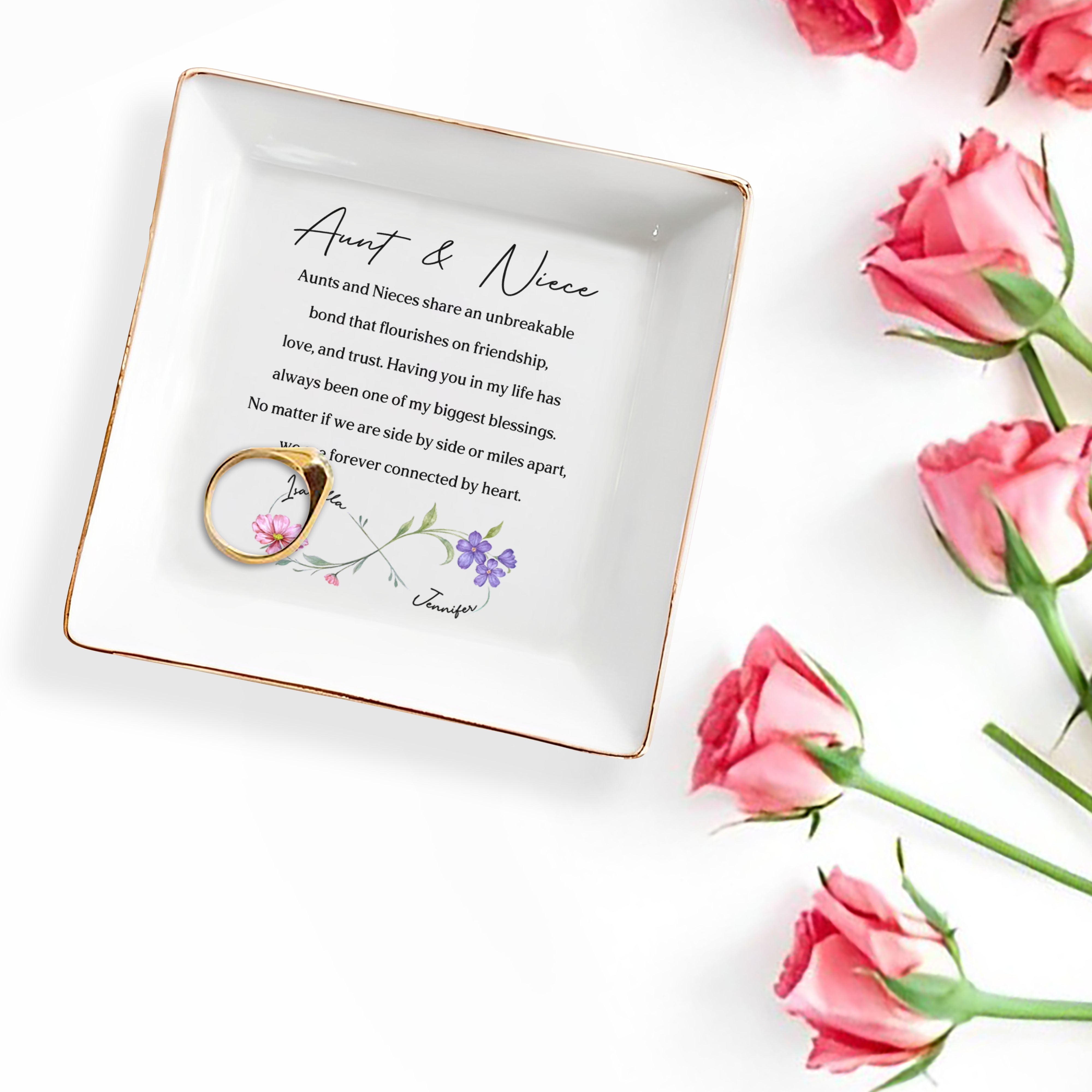 Aunt & Niece Unbreakable Bond With Birth Month Flowers - Personalized Custom Jewelry Dish, Square Ceramic Dish - NCE048_SCRD