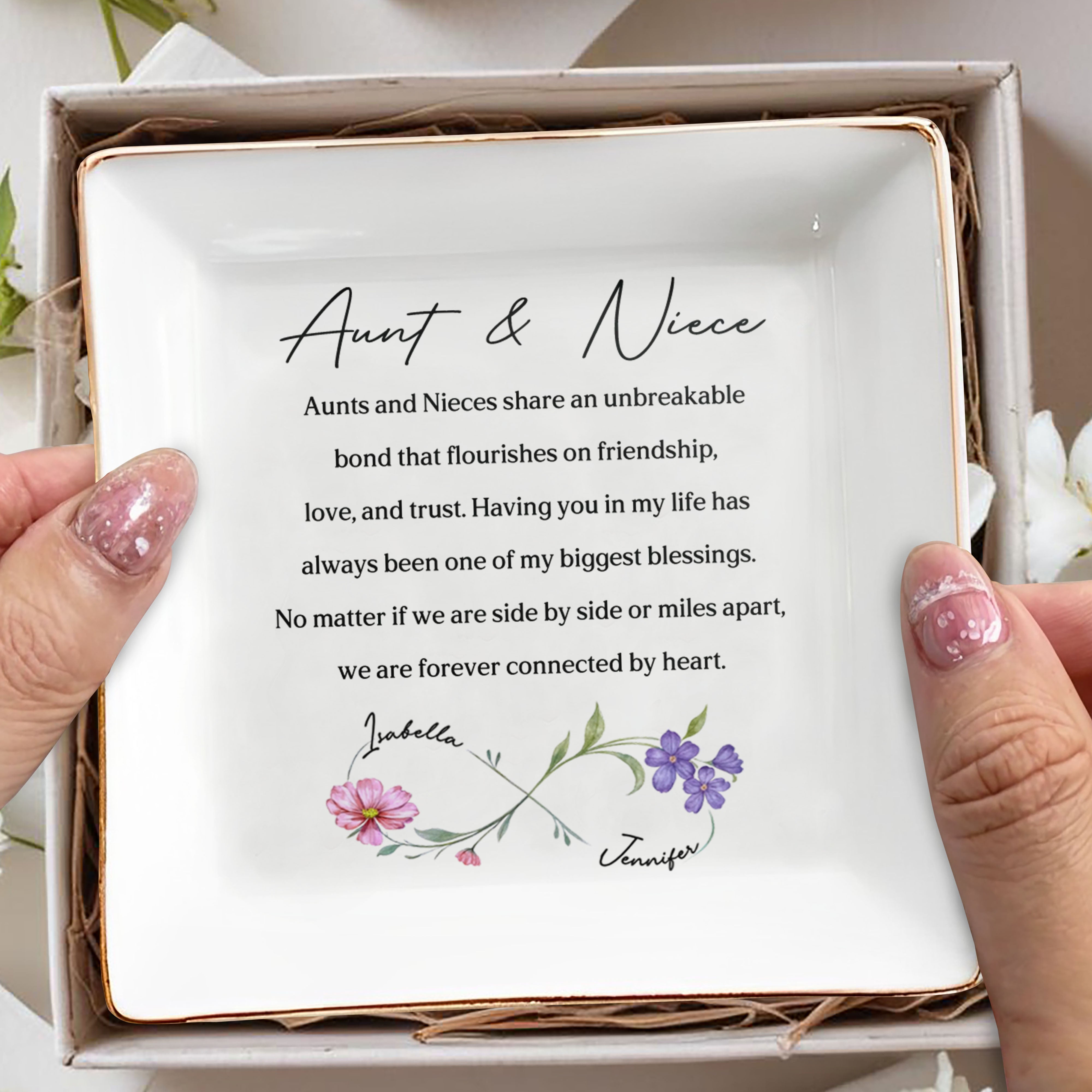 Aunt & Niece Unbreakable Bond With Birth Month Flowers - Personalized Custom Jewelry Dish, Square Ceramic Dish - NCE048_SCRD