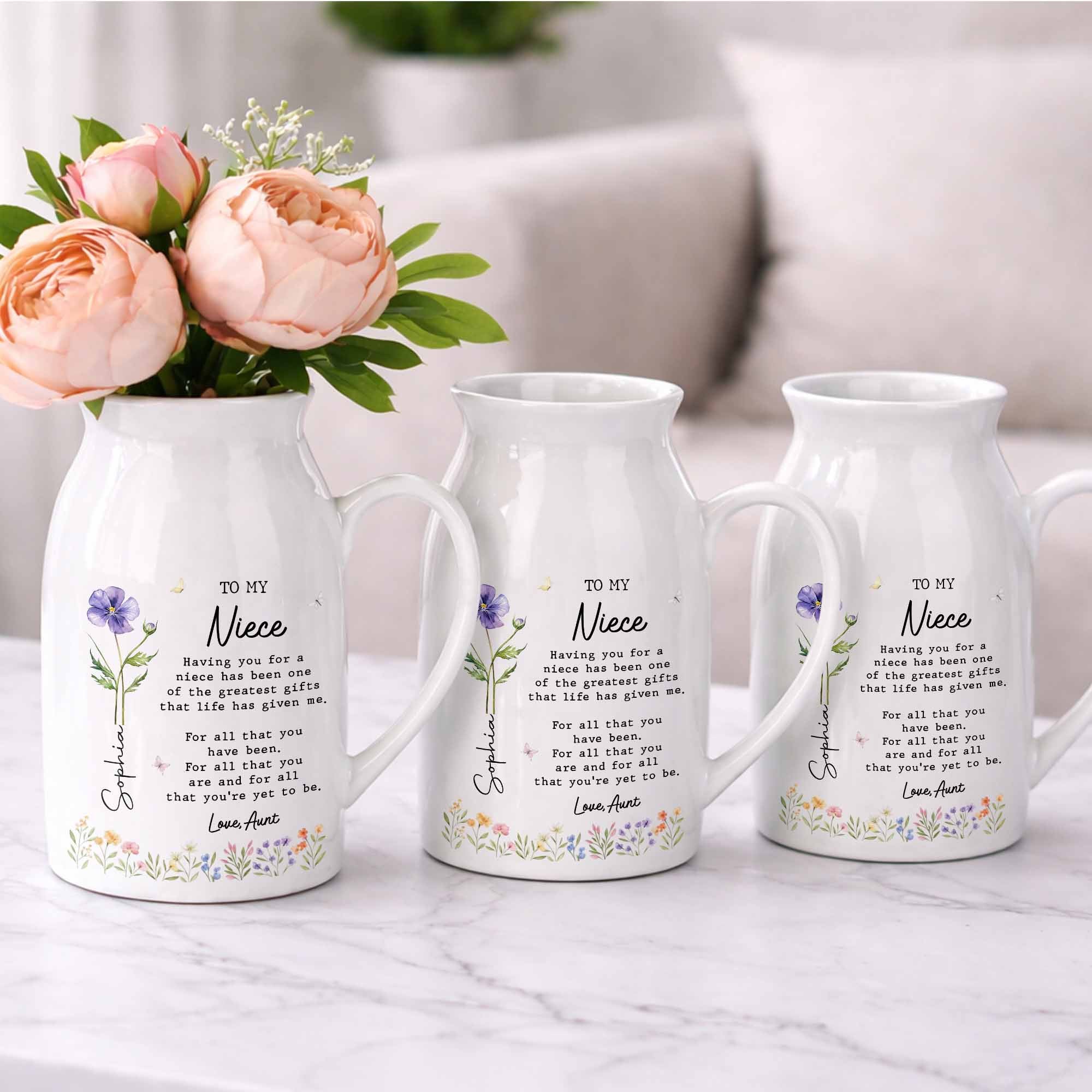 To My Niece Having You For A Niece Birth Month Flower - Personalized Ceramic Flower Vase