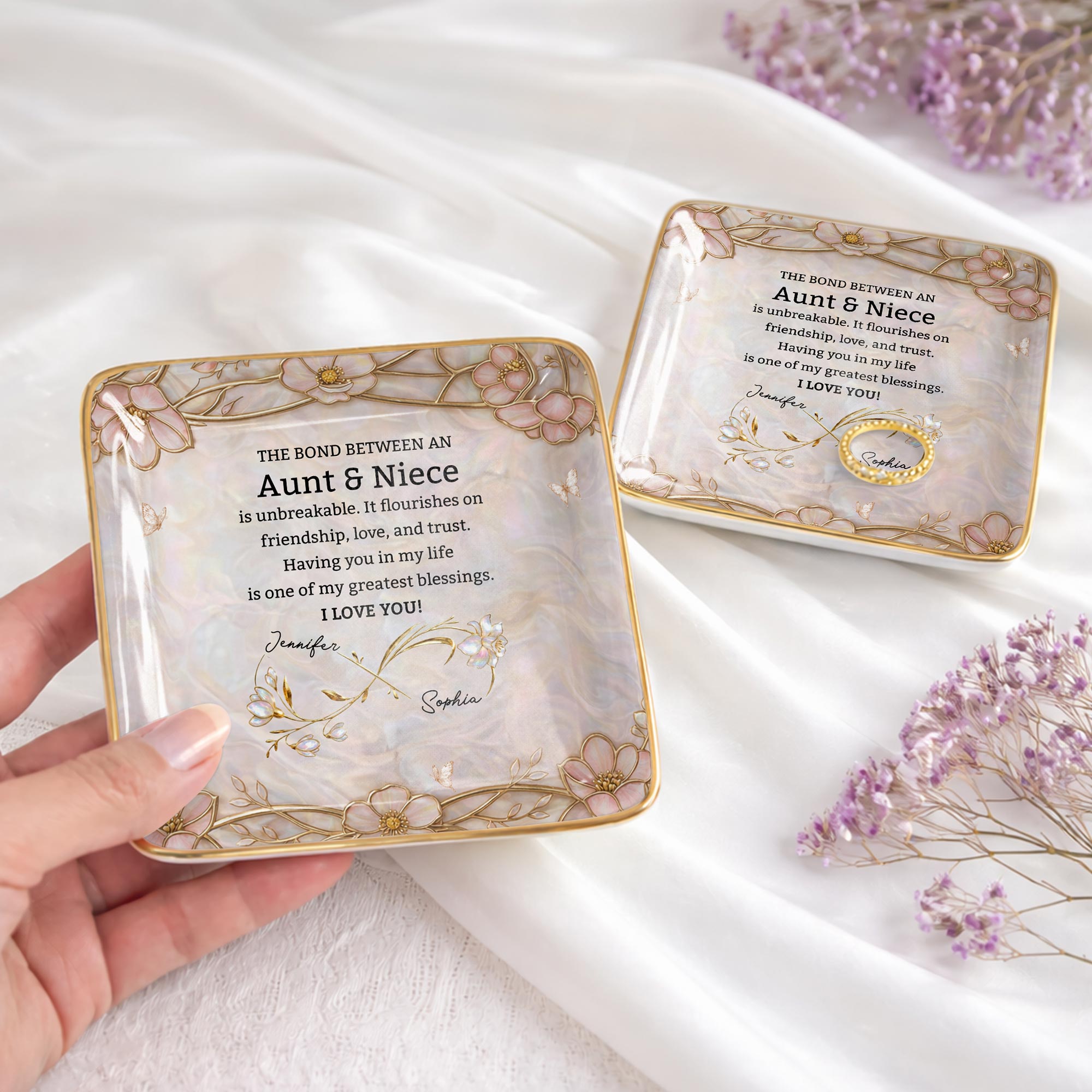 The Bond Between An Aunt And Niece Unbreakable Flowers - Personalized Custom Jewelry Dish, Ceramic Dish, Square Shape - NCE051_SCRF