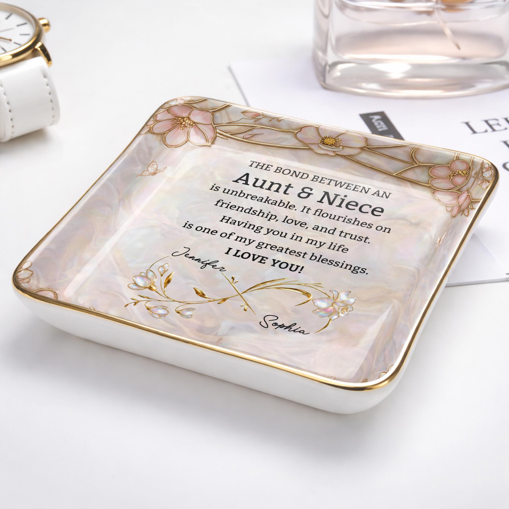 The Bond Between An Aunt And Niece Unbreakable Flowers - Personalized Custom Jewelry Dish, Ceramic Dish, Square Shape - NCE051_SCRF