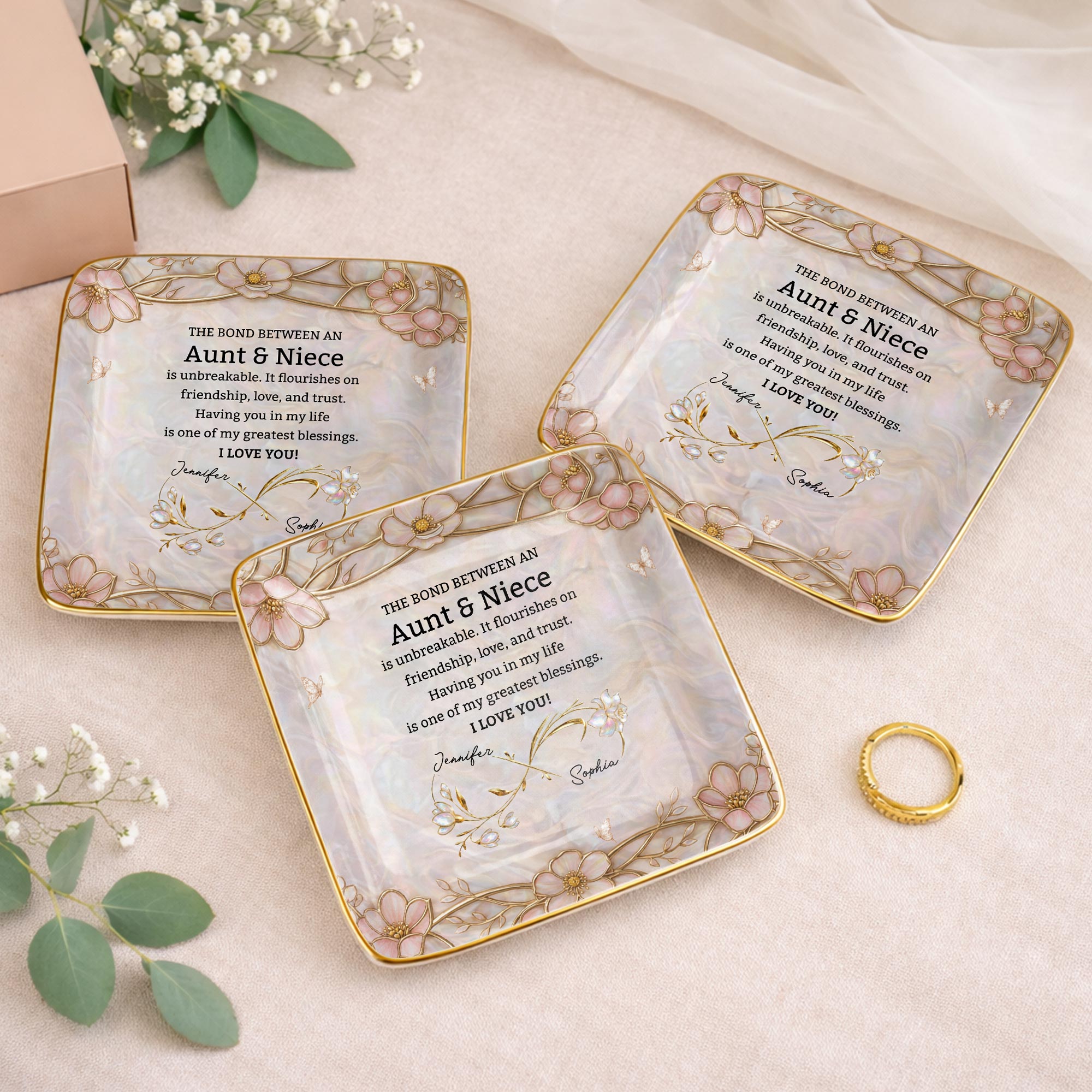 The Bond Between An Aunt And Niece Unbreakable Flowers - Personalized Custom Jewelry Dish, Ceramic Dish, Square Shape - NCE051_SCRF