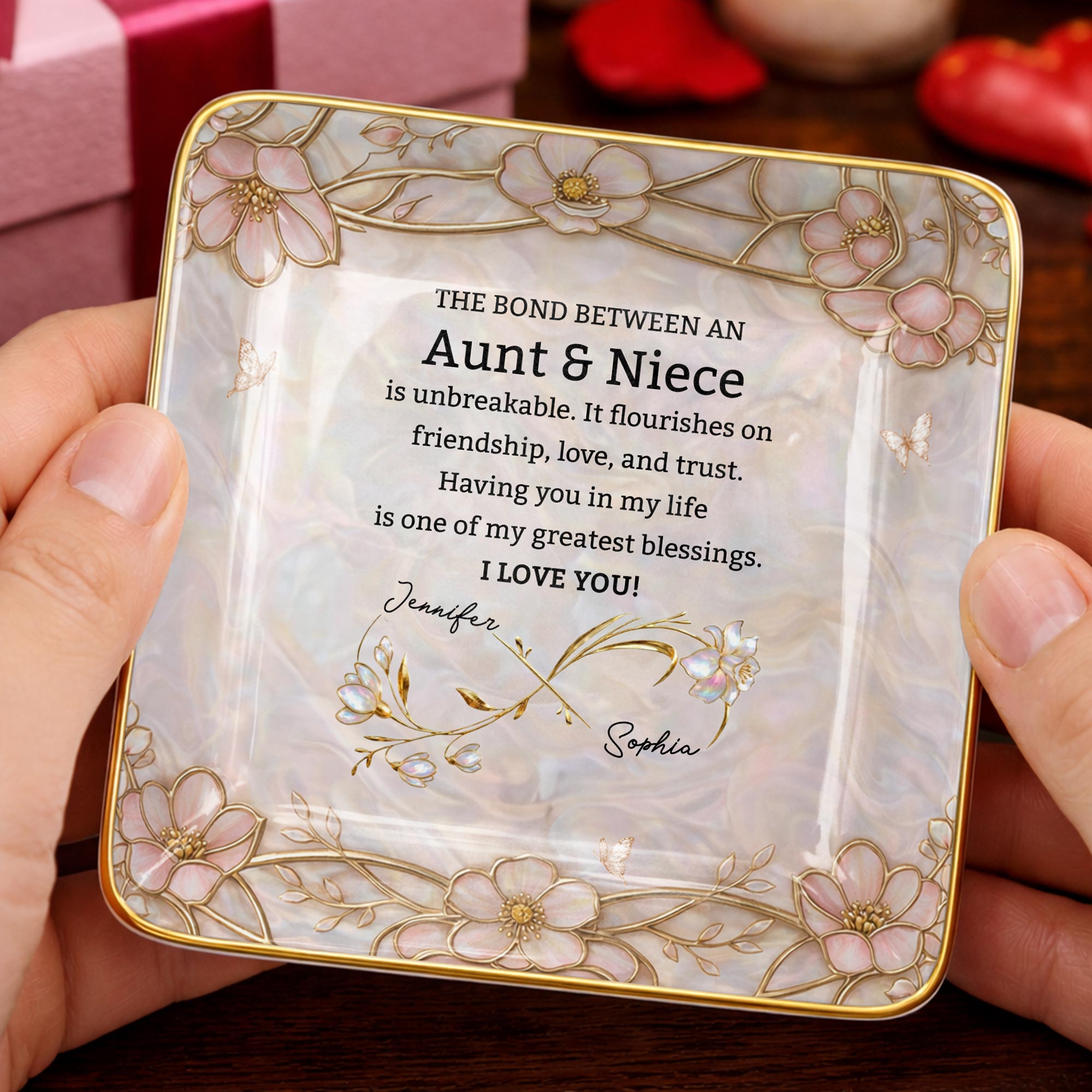 The Bond Between An Aunt And Niece Unbreakable Flowers - Personalized Custom Jewelry Dish, Ceramic Dish, Square Shape - NCE051_SCRF