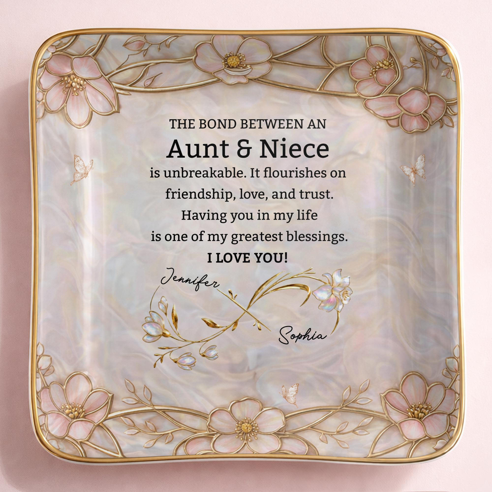 The Bond Between An Aunt And Niece Unbreakable Flowers - Personalized Custom Jewelry Dish, Ceramic Dish, Square Shape - NCE051_SCRF
