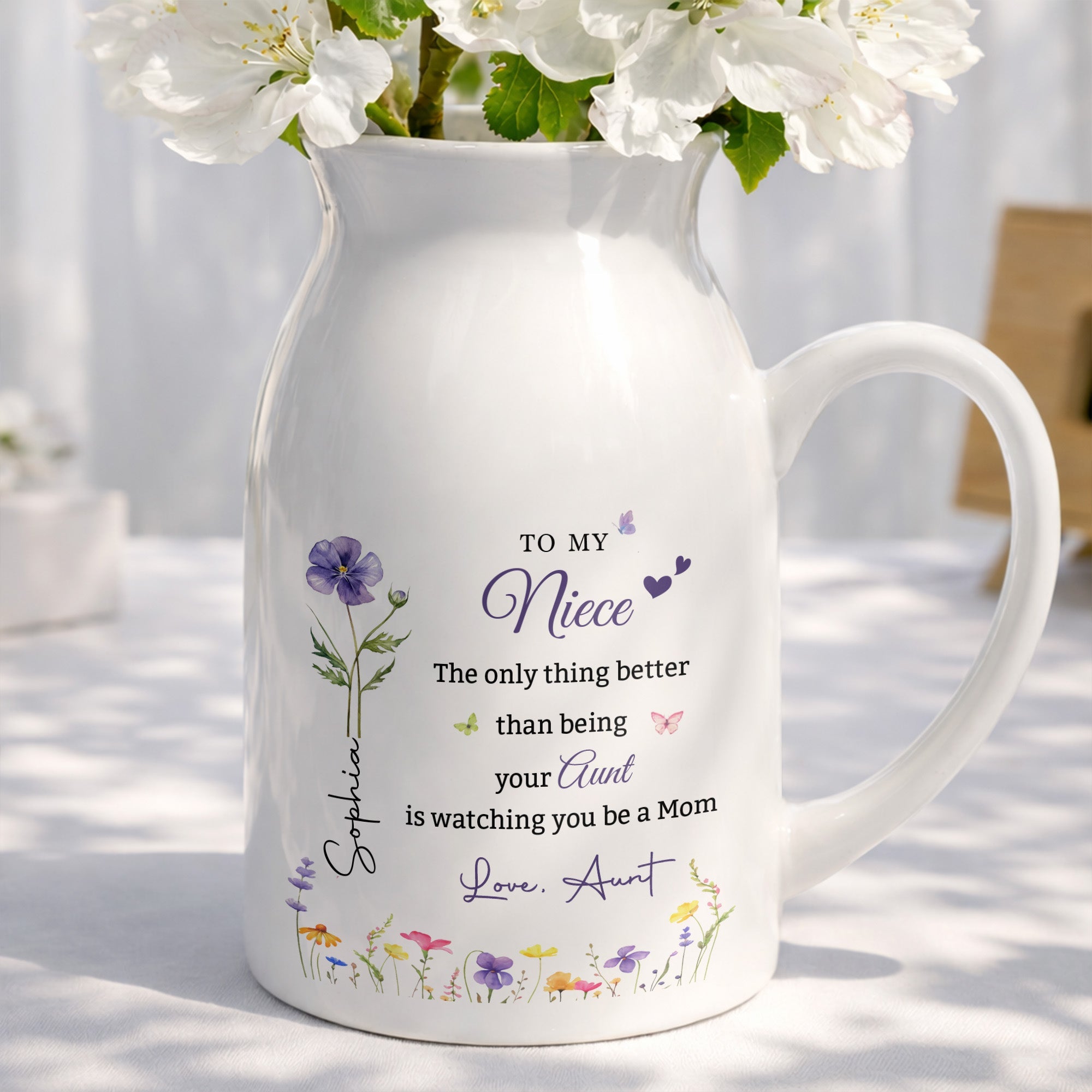 To My Niece Better Than Being Aunt Birth Month Flowers - Personalized Ceramic Flower Vase