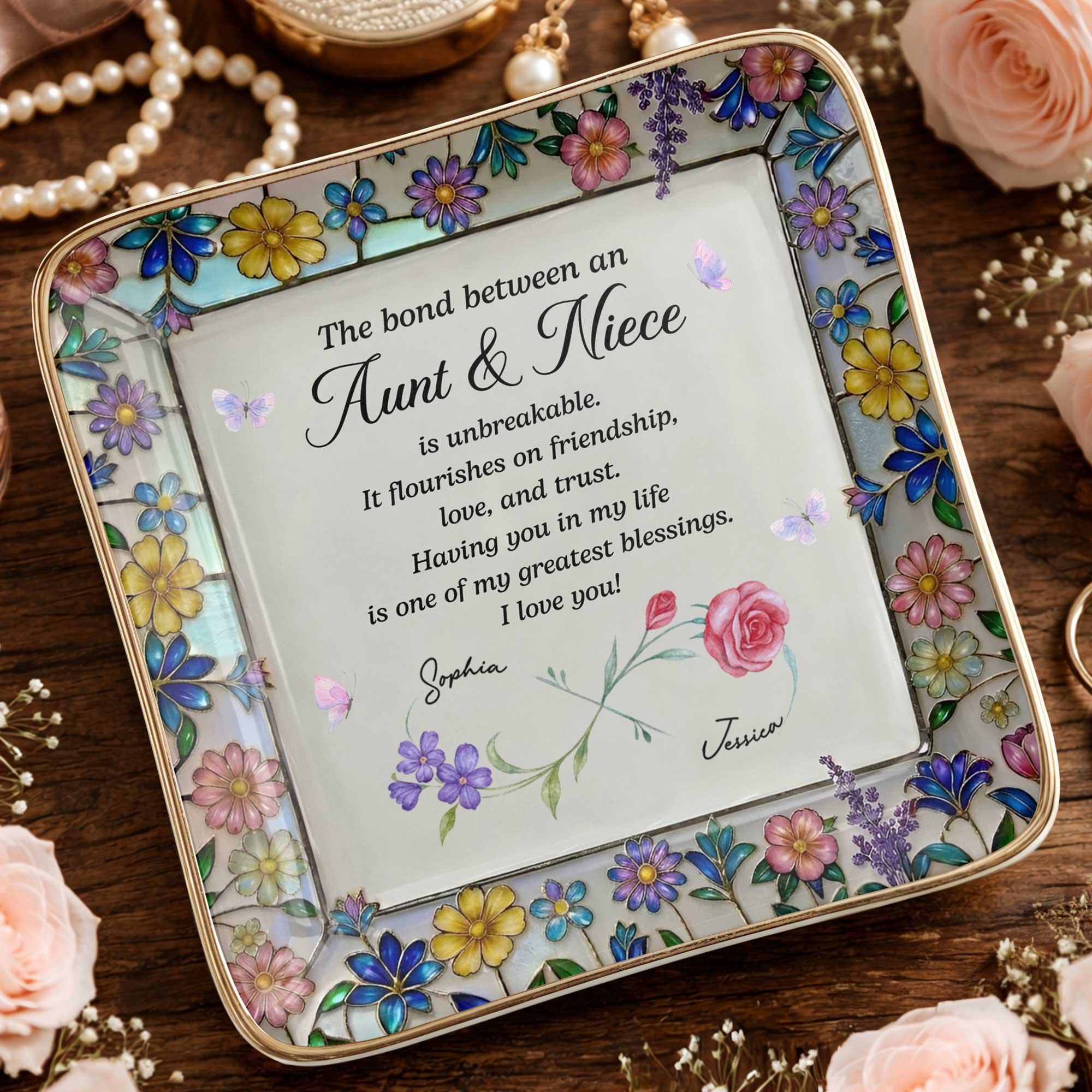 The Bond Between An Aunt And Niece Unbreakable With Birth Month Flowers - Personalized Custom Jewelry Dish, Ceramic Dish, Square Shape - NCE060_SCRF