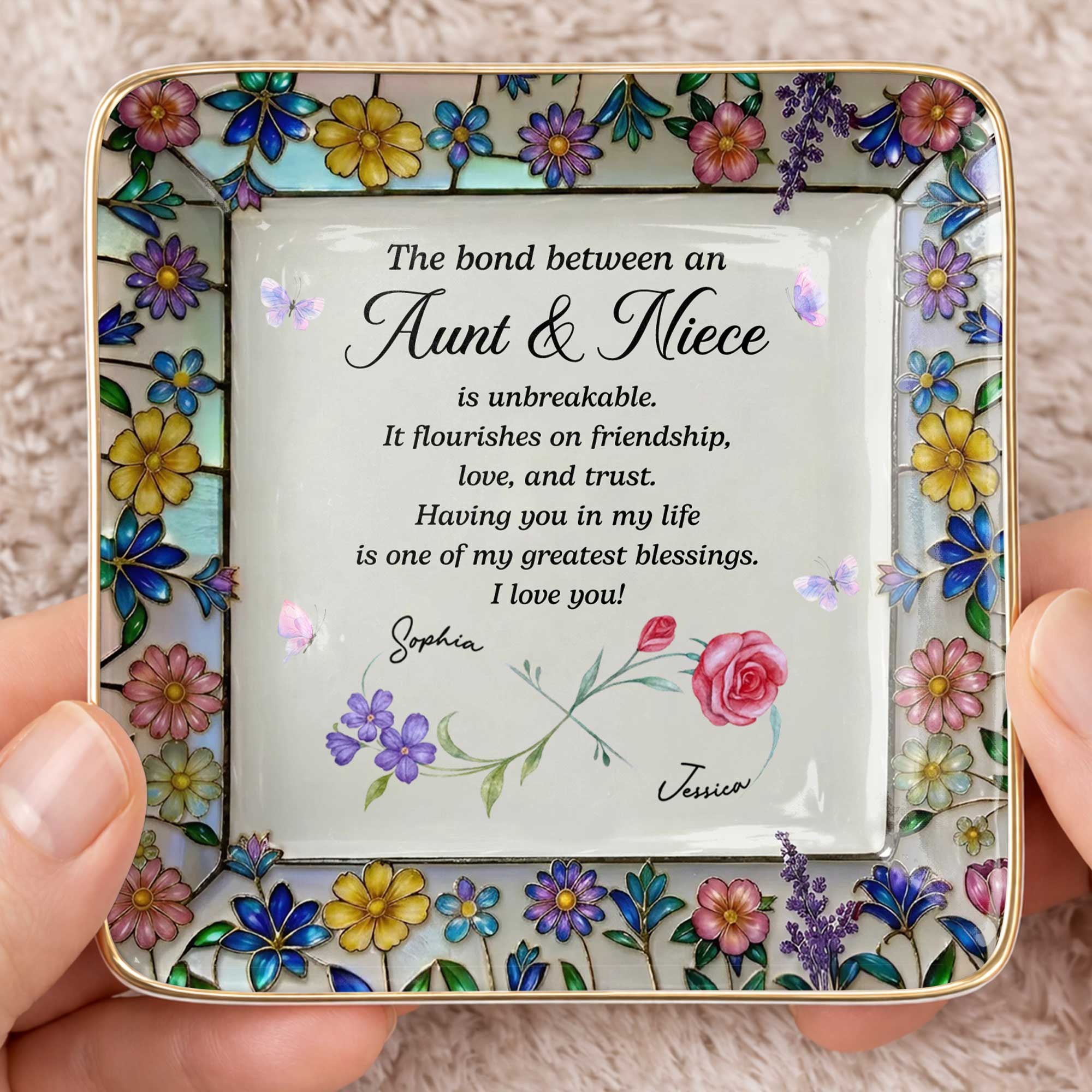 The Bond Between An Aunt And Niece Unbreakable With Birth Month Flowers - Personalized Custom Jewelry Dish, Ceramic Dish, Square Shape - NCE060_SCRF