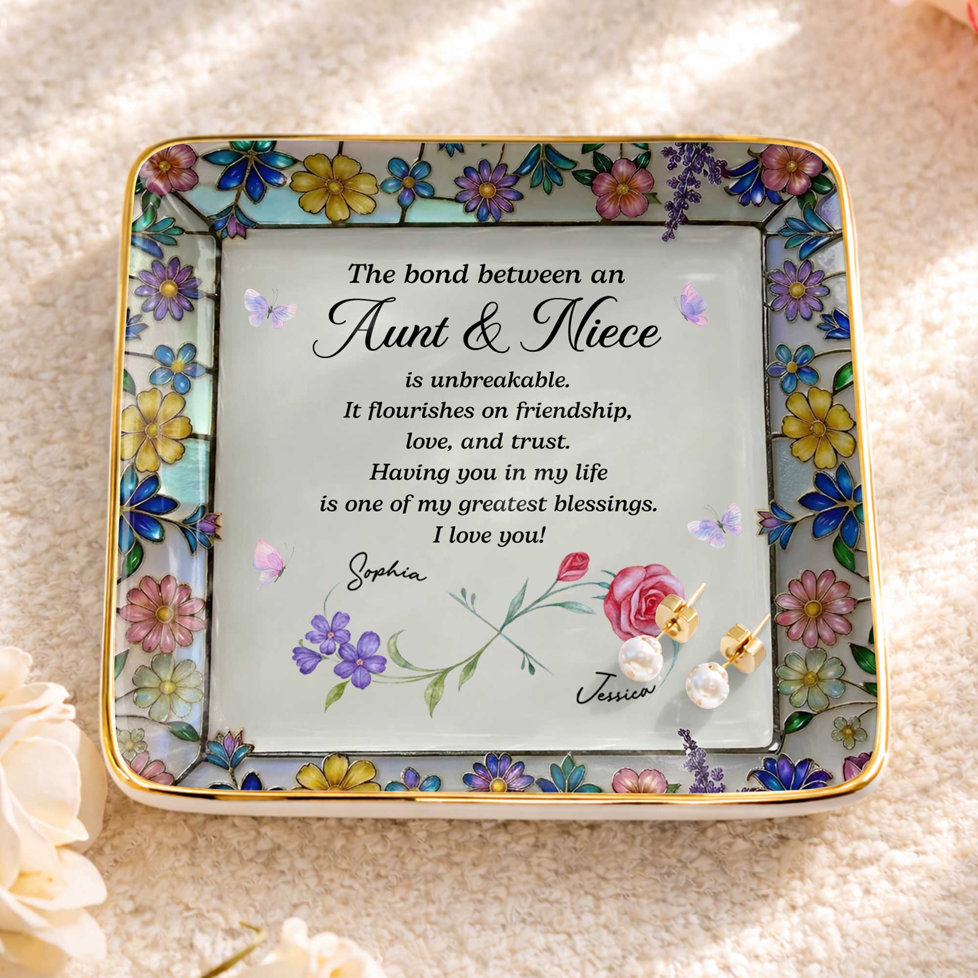 The Bond Between An Aunt And Niece Unbreakable With Birth Month Flowers - Personalized Custom Jewelry Dish, Ceramic Dish, Square Shape - NCE060_SCRF