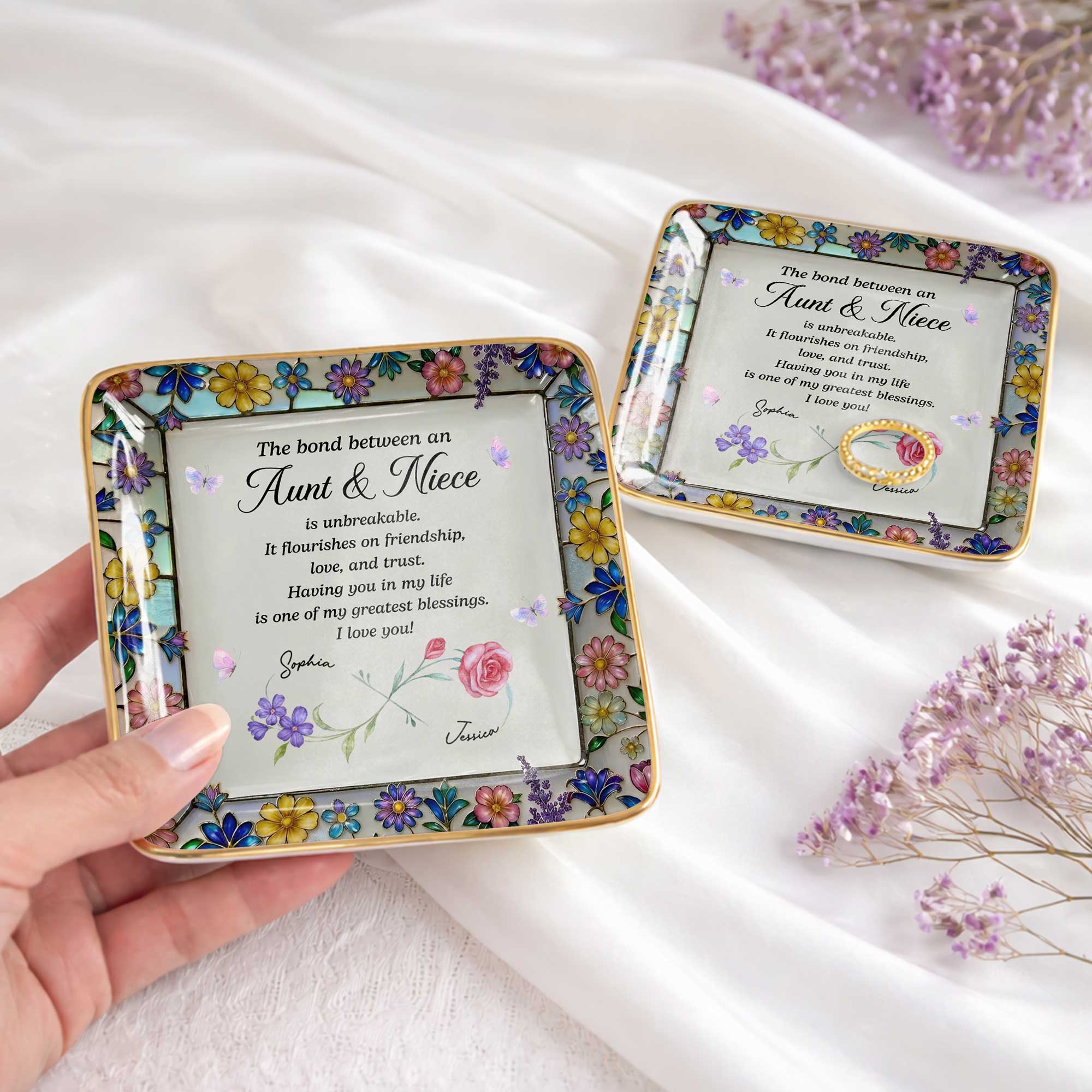 The Bond Between An Aunt And Niece Unbreakable With Birth Month Flowers - Personalized Custom Jewelry Dish, Ceramic Dish, Square Shape - NCE060_SCRF