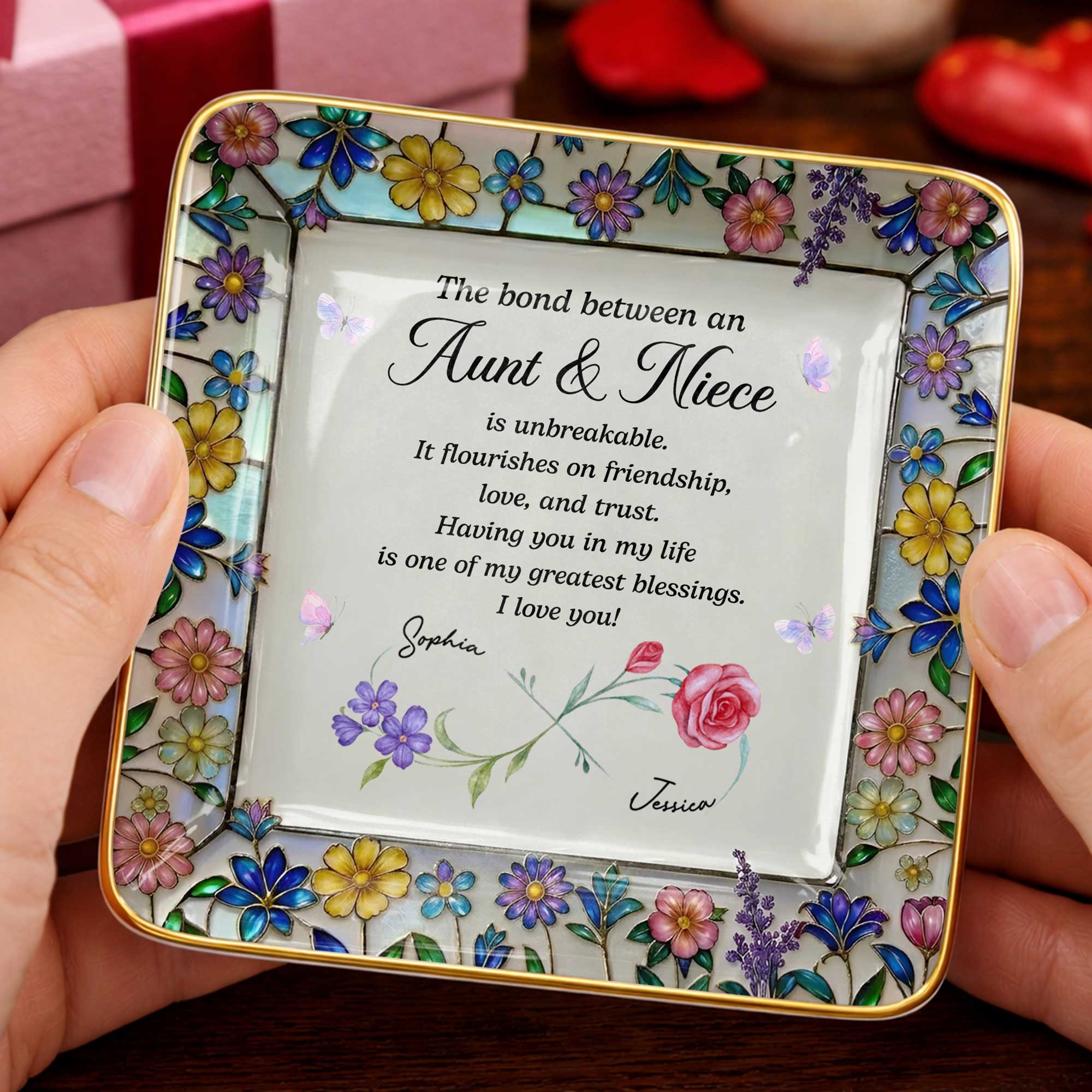 The Bond Between An Aunt And Niece Unbreakable With Birth Month Flowers - Personalized Custom Jewelry Dish, Ceramic Dish, Square Shape - NCE060_SCRF