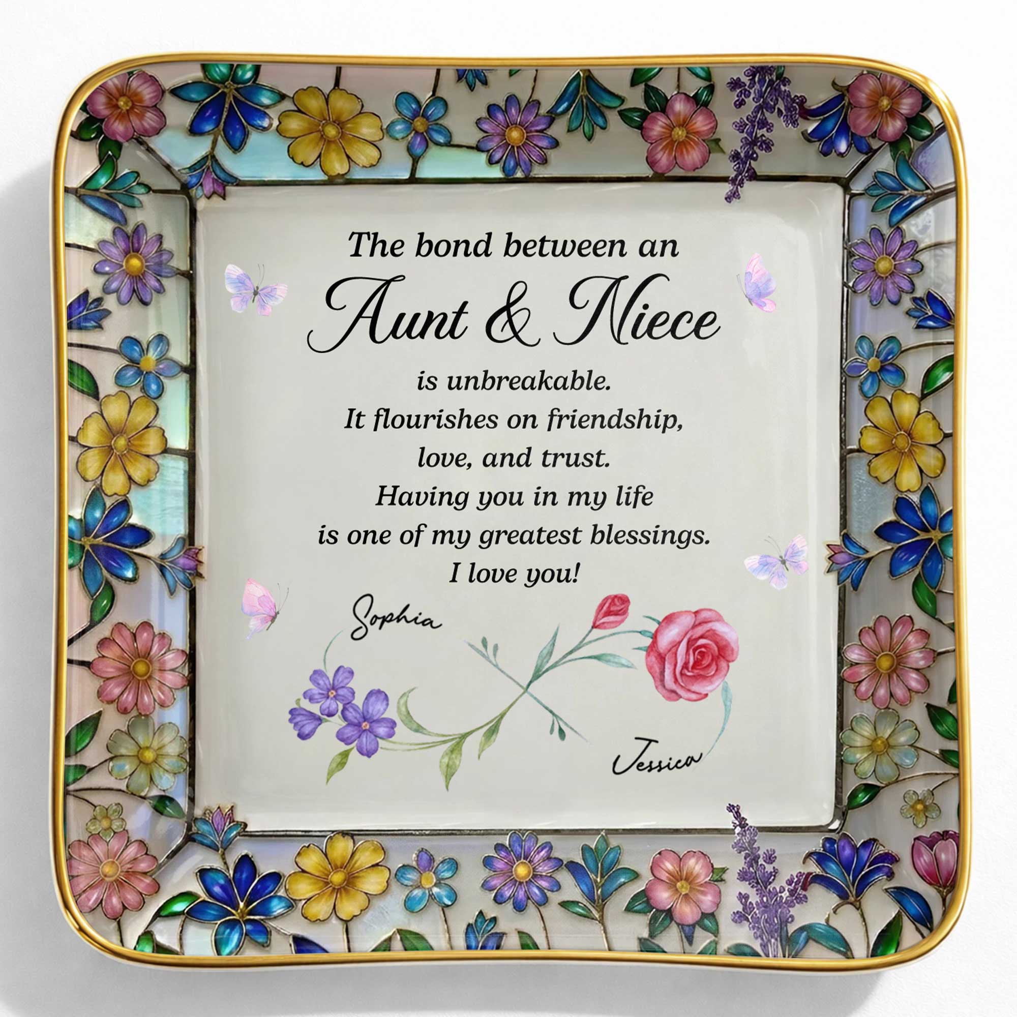 The Bond Between An Aunt And Niece Unbreakable With Birth Month Flowers - Personalized Custom Jewelry Dish, Ceramic Dish, Square Shape - NCE060_SCRF