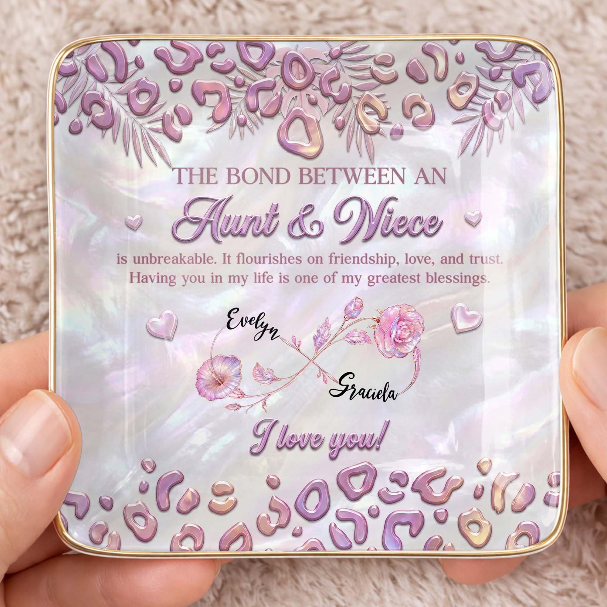 The Bond Between An Aunt And Niece With Custom Birth Month Flowers - Personalized Custom Jewelry Dish, Ceramic Dish, Square Shape - NCE064_SCRF