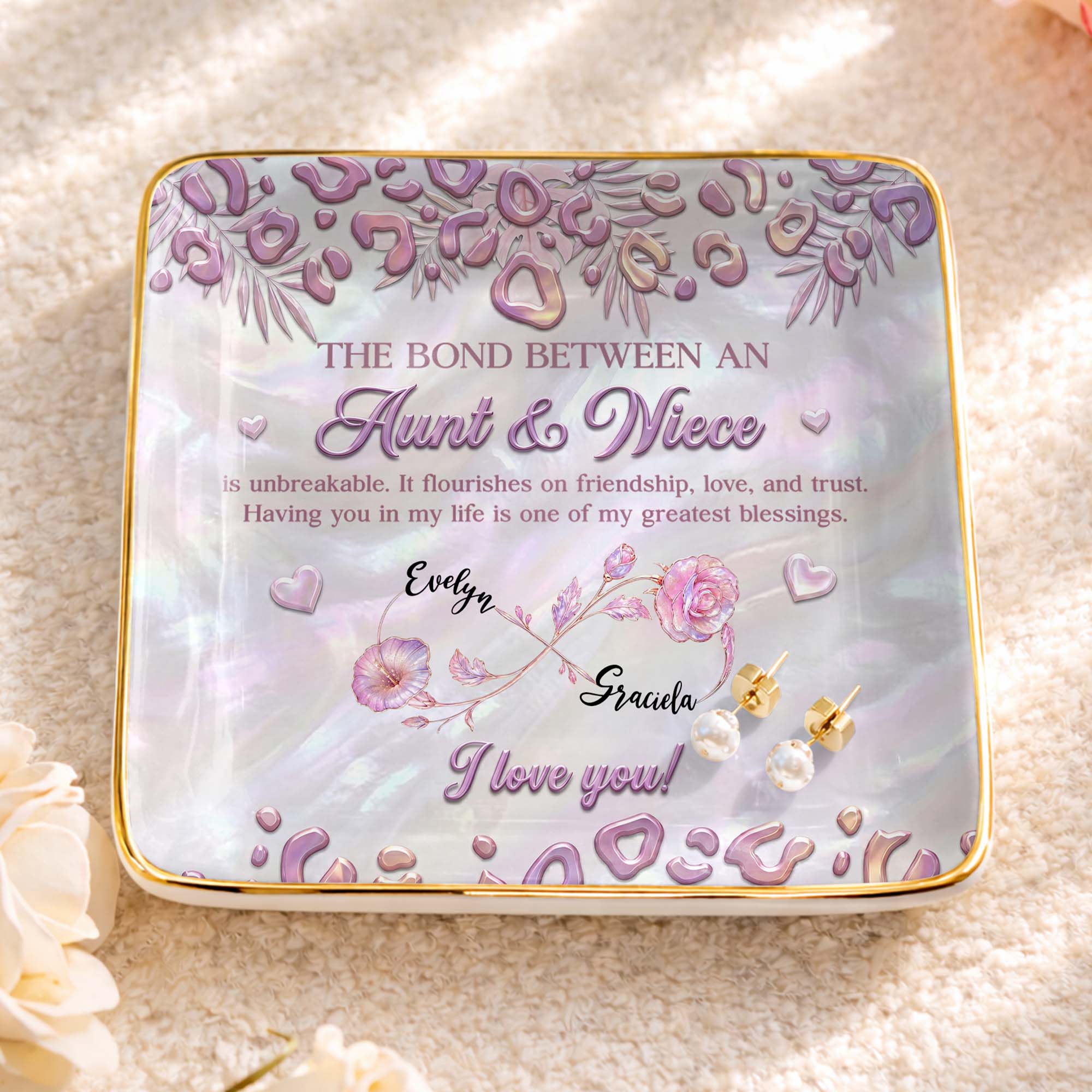 The Bond Between An Aunt And Niece With Custom Birth Month Flowers - Personalized Custom Jewelry Dish, Ceramic Dish, Square Shape - NCE064_SCRF