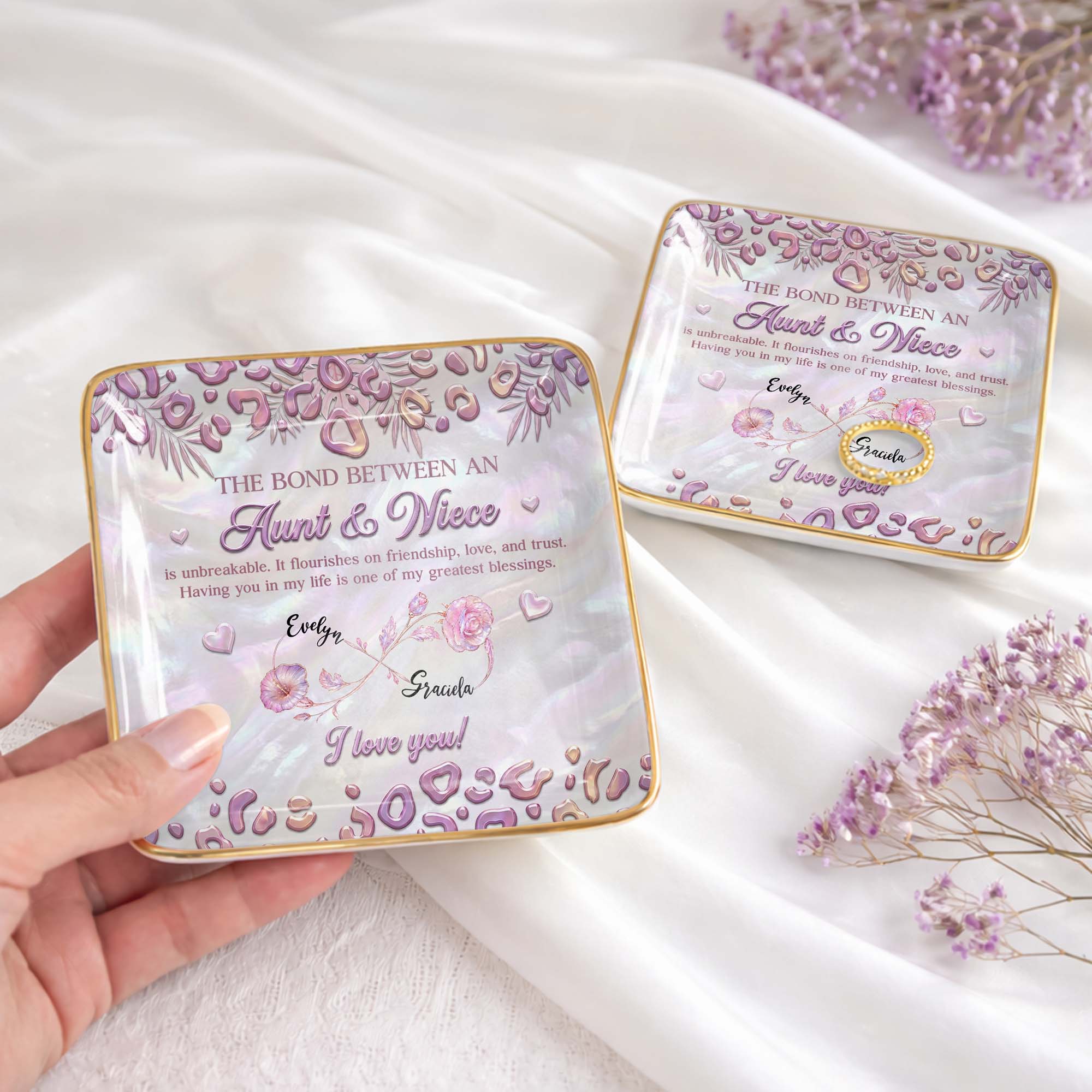 The Bond Between An Aunt And Niece With Custom Birth Month Flowers - Personalized Custom Jewelry Dish, Ceramic Dish, Square Shape - NCE064_SCRF