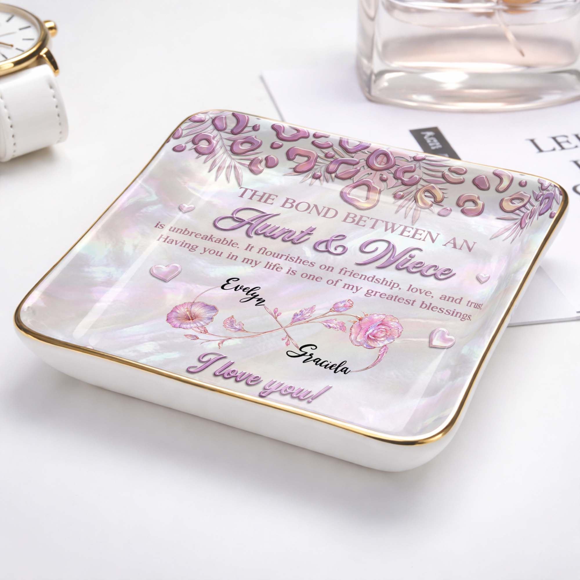The Bond Between An Aunt And Niece With Custom Birth Month Flowers - Personalized Custom Jewelry Dish, Ceramic Dish, Square Shape - NCE064_SCRF