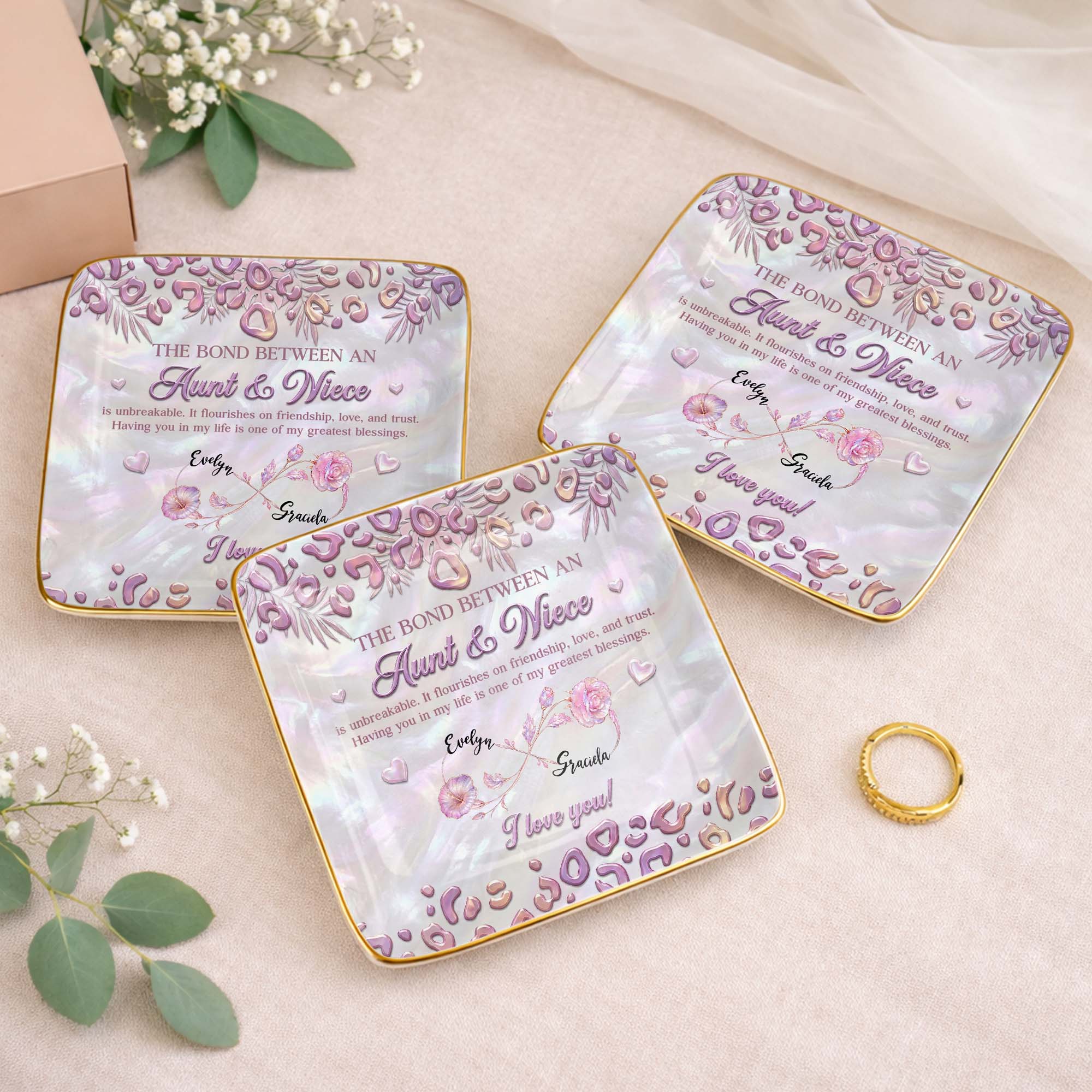 The Bond Between An Aunt And Niece With Custom Birth Month Flowers - Personalized Custom Jewelry Dish, Ceramic Dish, Square Shape - NCE064_SCRF
