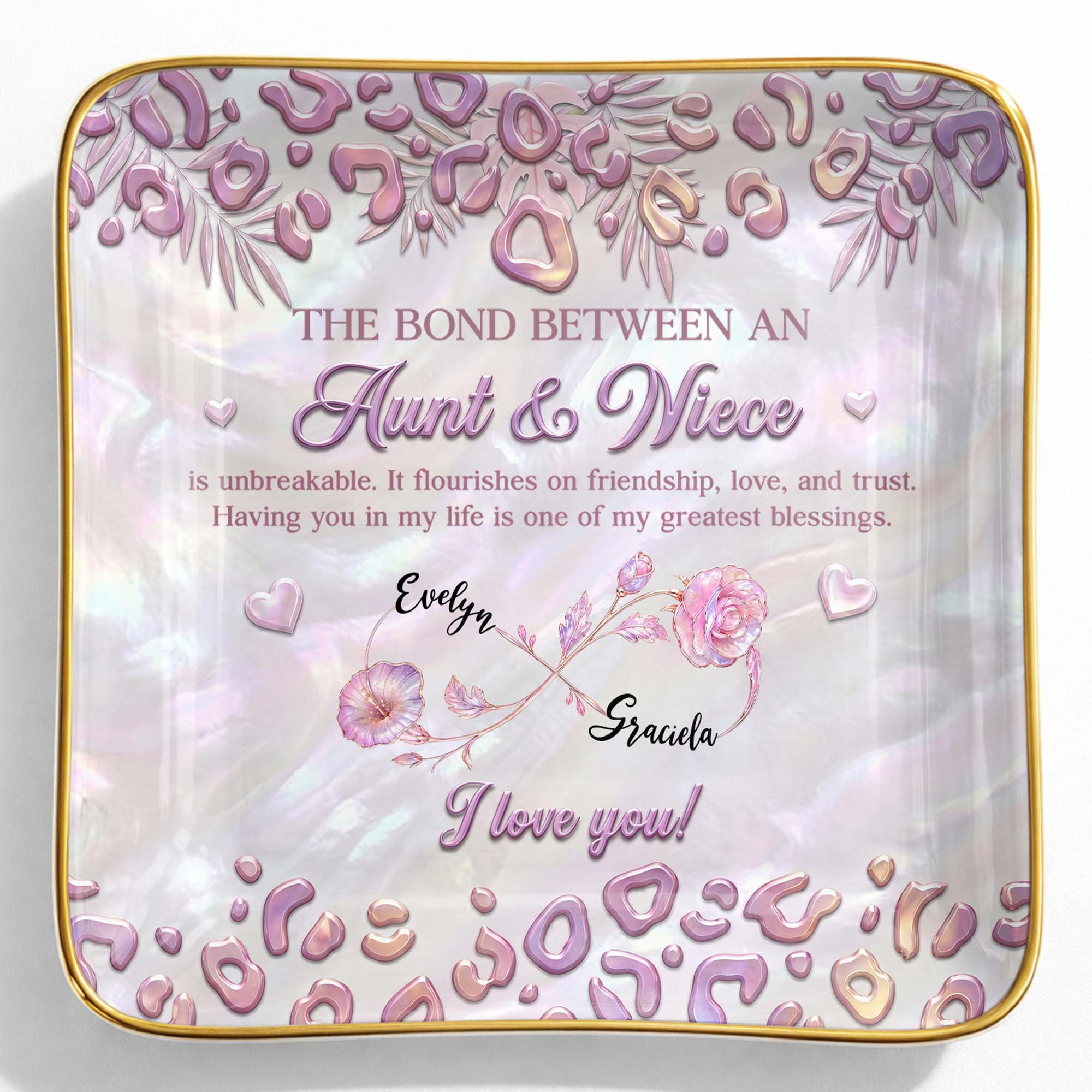 The Bond Between An Aunt And Niece With Custom Birth Month Flowers - Personalized Custom Jewelry Dish, Ceramic Dish, Square Shape - NCE064_SCRF