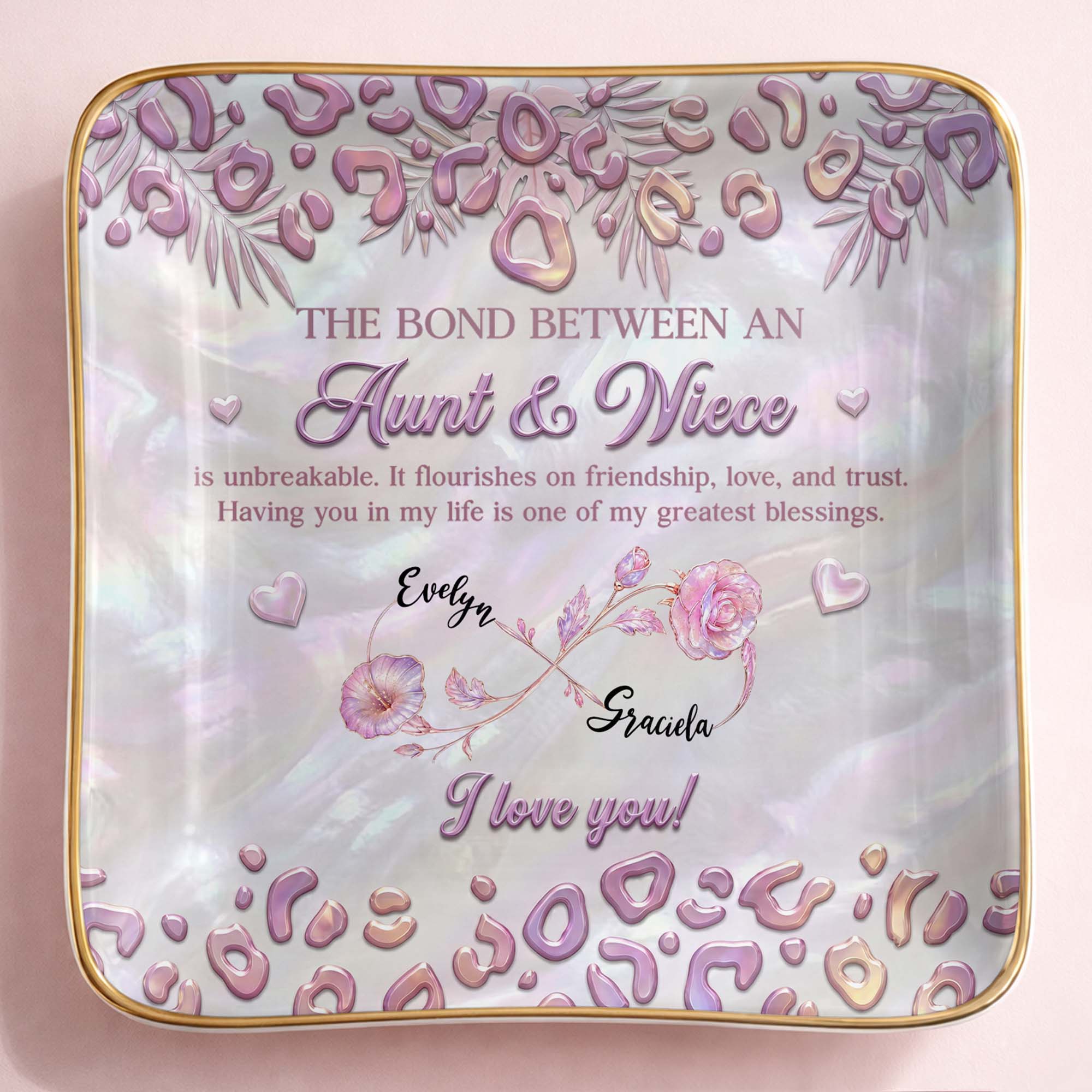 The Bond Between An Aunt And Niece With Custom Birth Month Flowers - Personalized Custom Jewelry Dish, Ceramic Dish, Square Shape - NCE064_SCRF