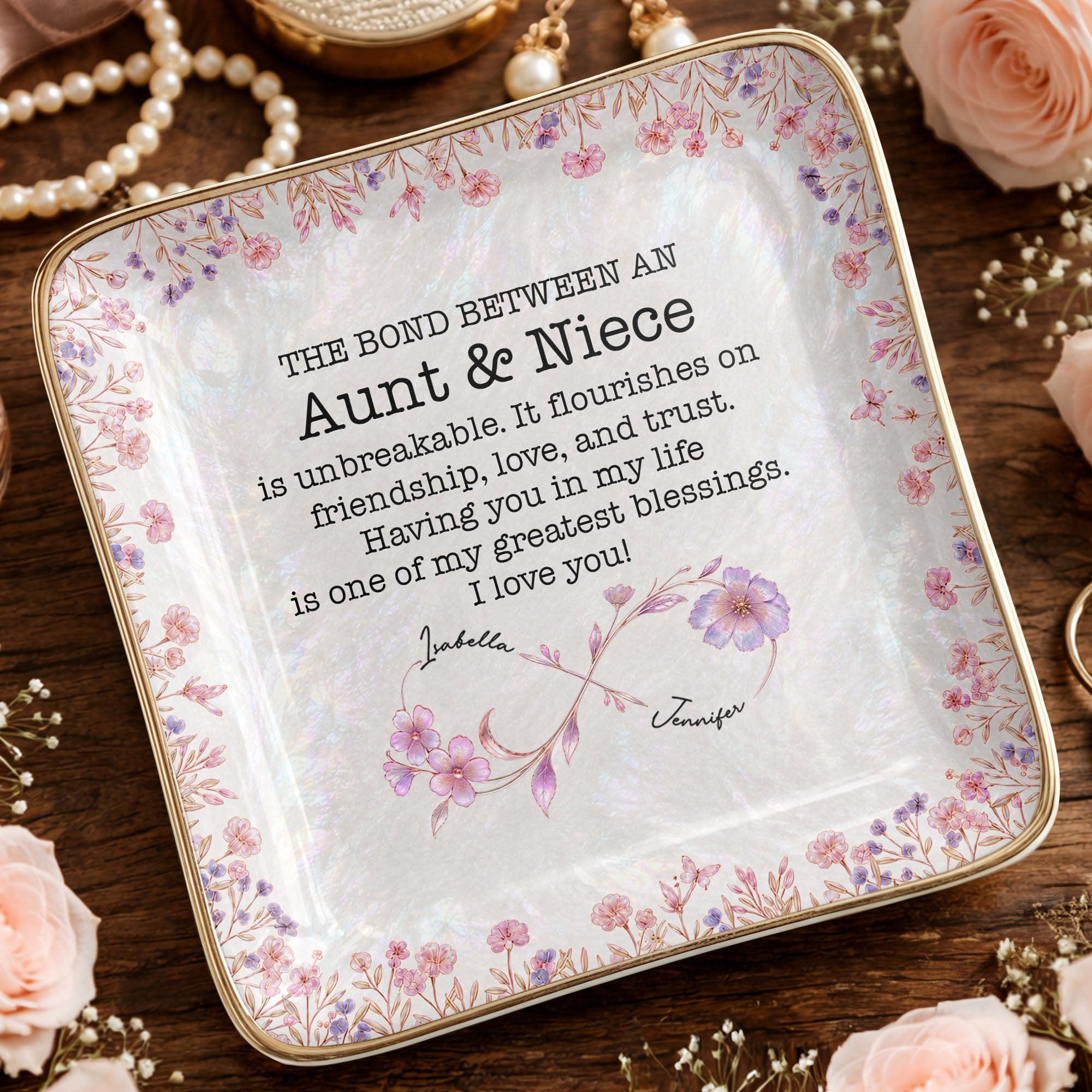 The Bond Between An Aunt And Niece Birth Month Flowers Ceramic - Personalized Custom Jewelry Dish, Ceramic Dish, Square Shape - NCE069_SCRF