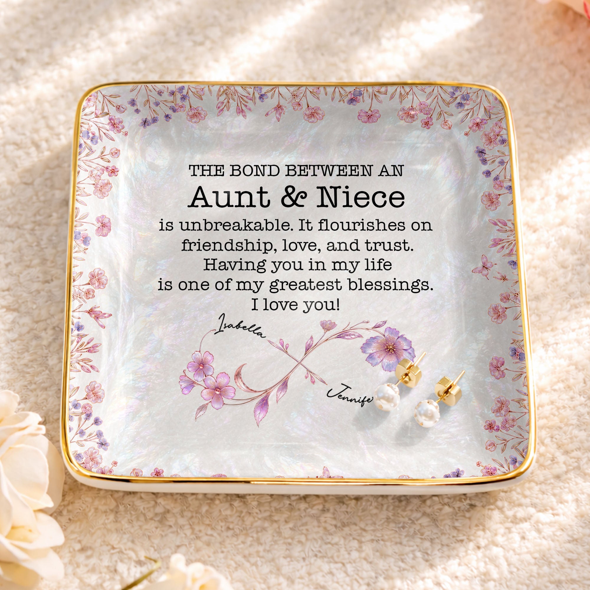 The Bond Between An Aunt And Niece Birth Month Flowers Ceramic - Personalized Custom Jewelry Dish, Ceramic Dish, Square Shape - NCE069_SCRF