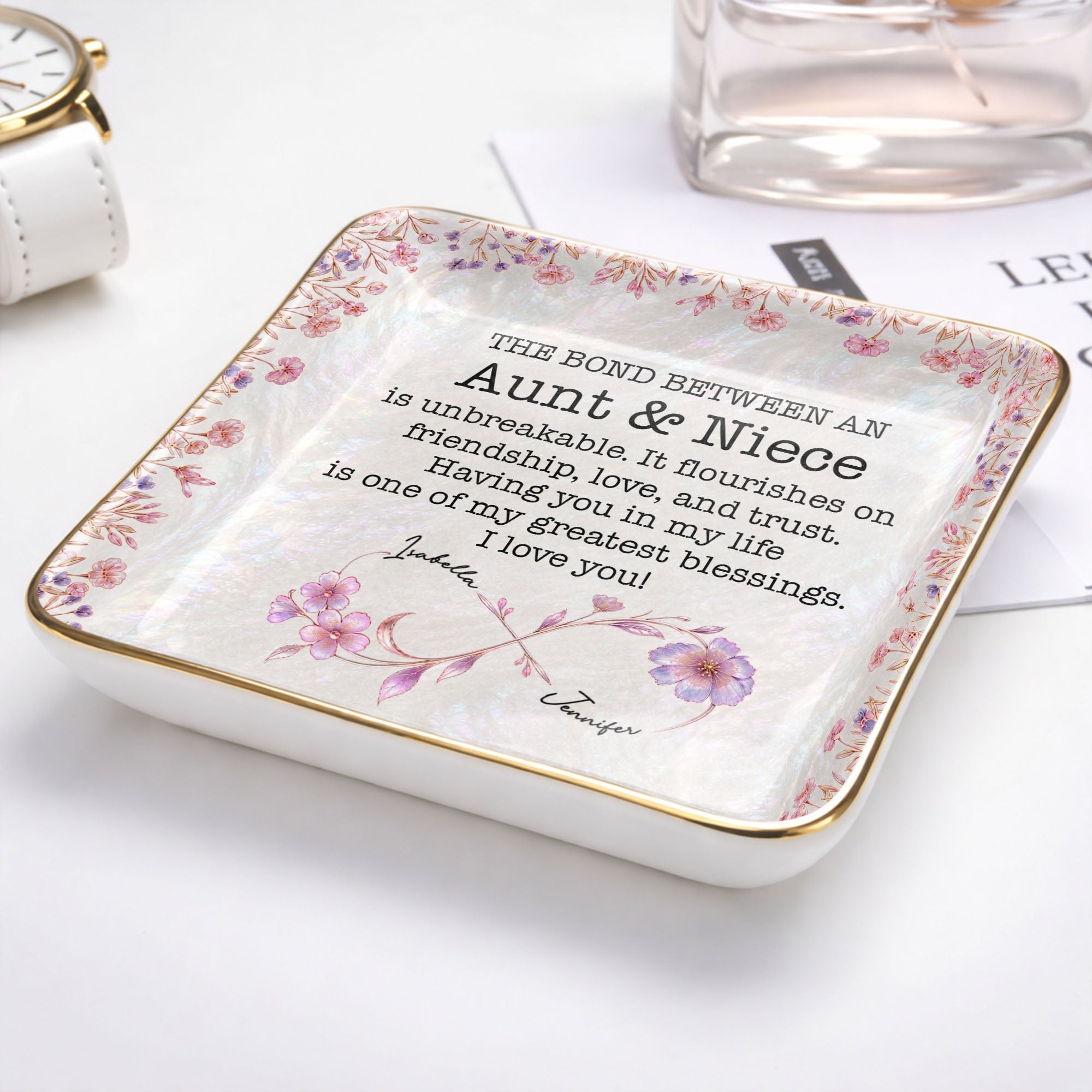 The Bond Between An Aunt And Niece Birth Month Flowers Ceramic - Personalized Custom Jewelry Dish, Ceramic Dish, Square Shape - NCE069_SCRF