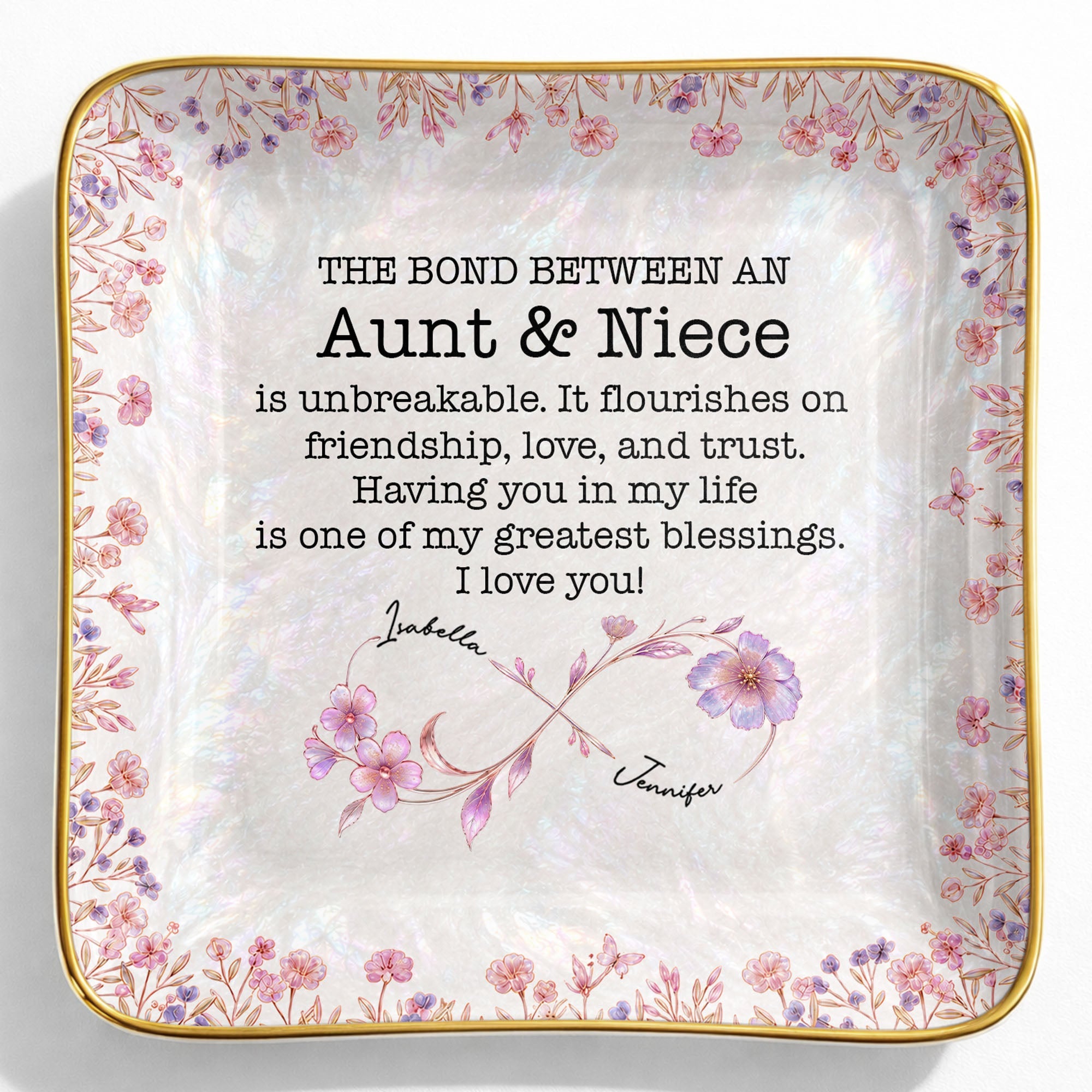 The Bond Between An Aunt And Niece Birth Month Flowers Ceramic - Personalized Custom Jewelry Dish, Ceramic Dish, Square Shape - NCE069_SCRF
