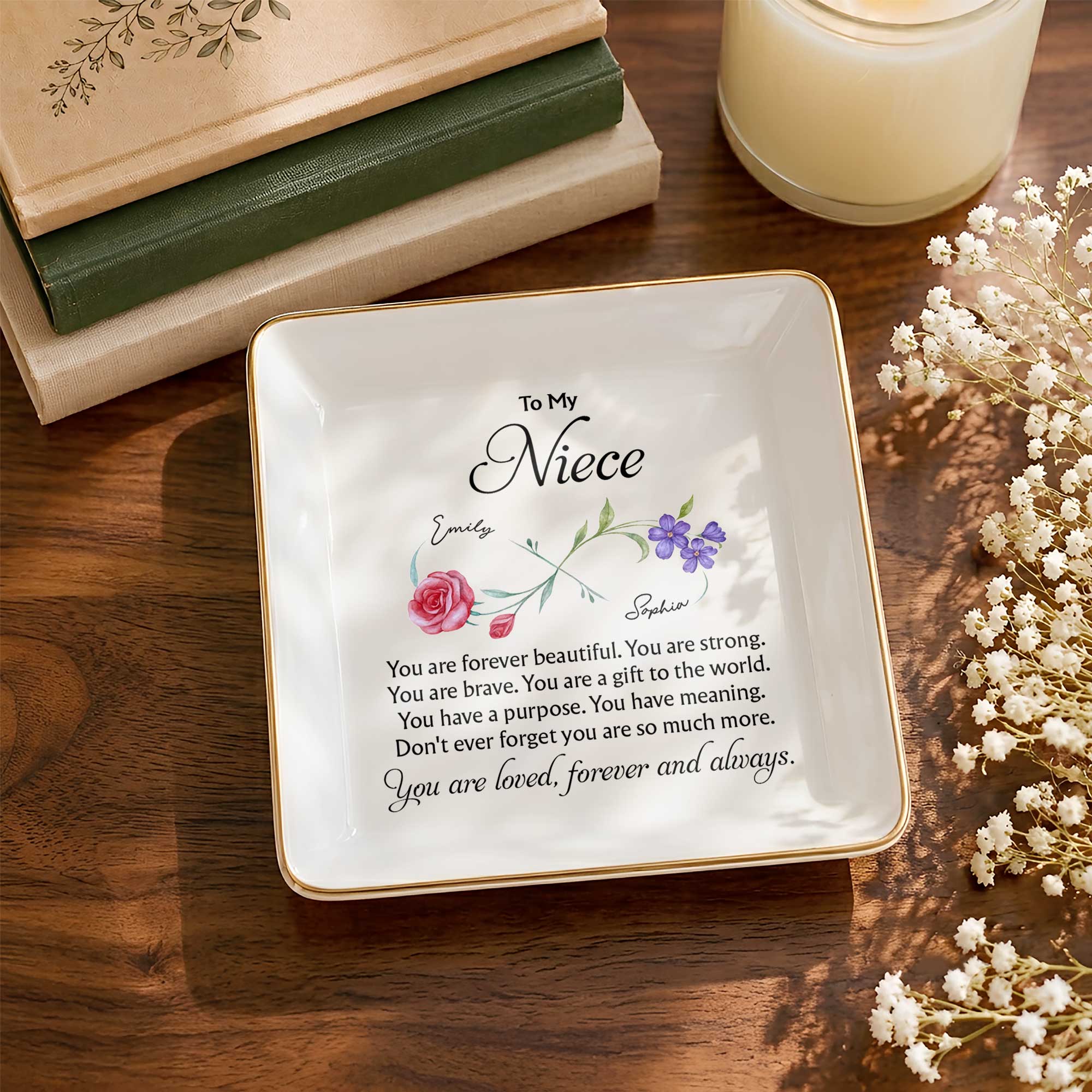 To My Niece You Are Forever Beautiful Infinity Flowers - Personalized Custom Jewelry Dish, Square Ceramic Dish - NCE076_SCRD