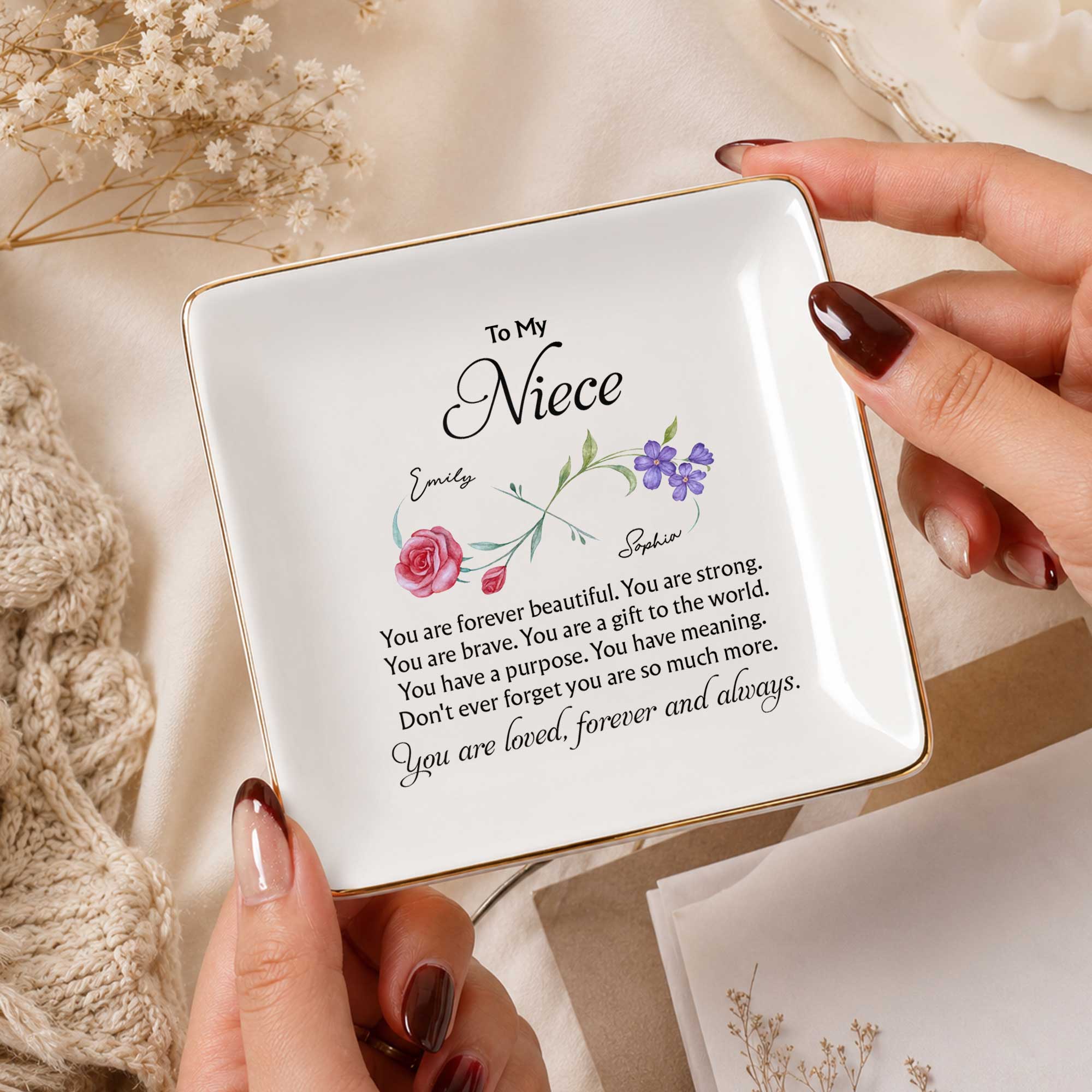 To My Niece You Are Forever Beautiful Infinity Flowers - Personalized Custom Jewelry Dish, Square Ceramic Dish - NCE076_SCRD