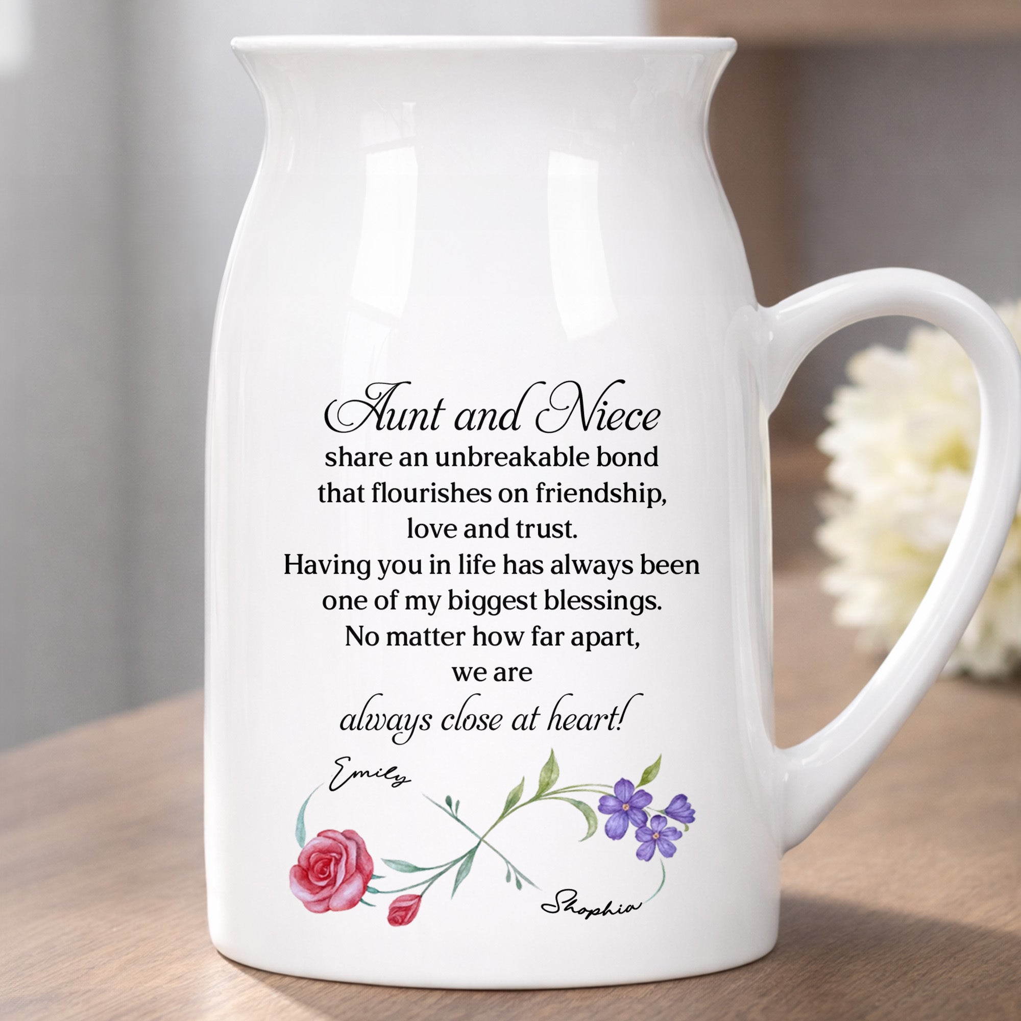 Aunt And Niece Share An Unbreakable Bond Custom Birth Month Flowers - Personalized Ceramic Flower Vase