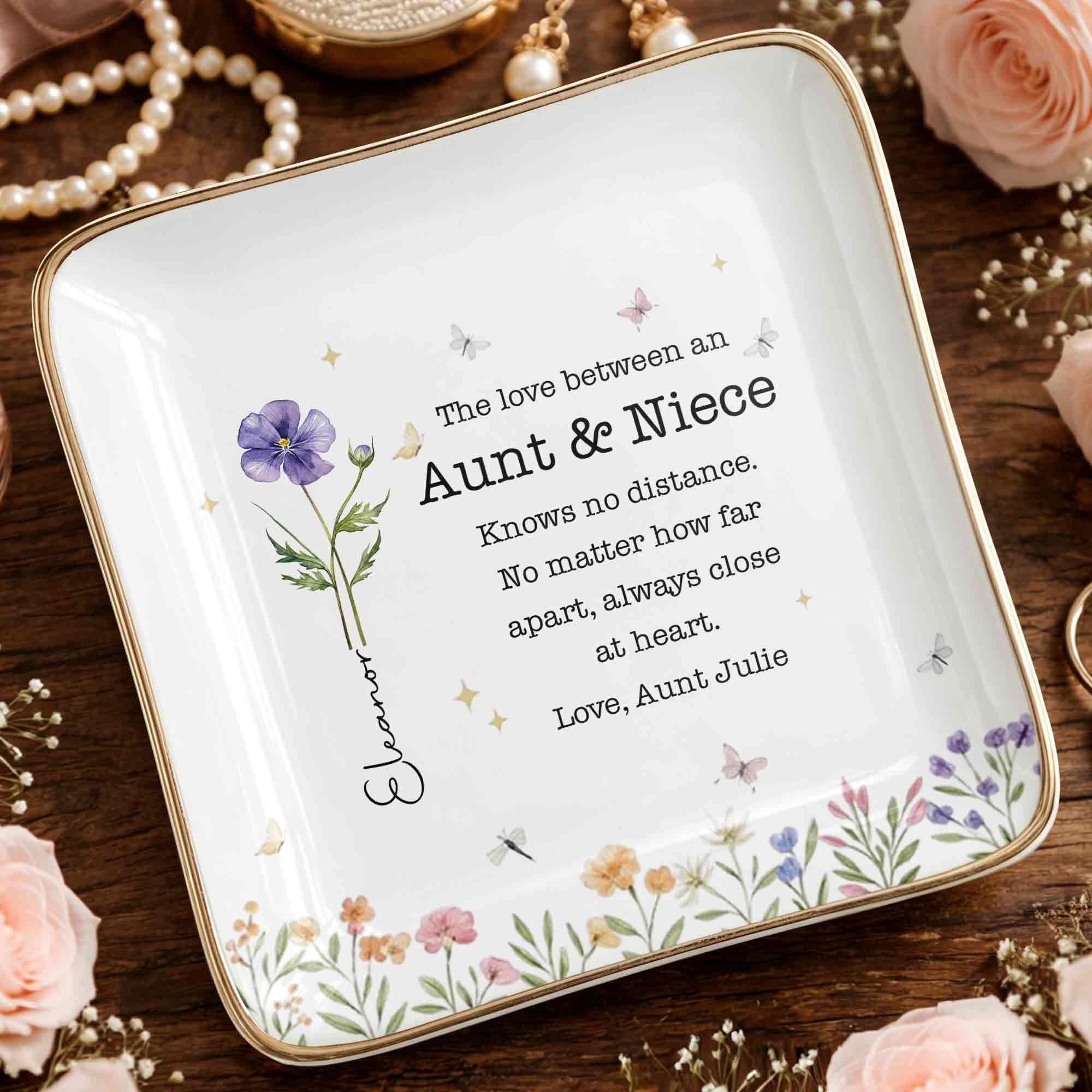 The Love Between An Aunt And Niece With Watercolor Flowers - Personalized Custom Jewelry Dish, Ceramic Dish, Square Shape - NCE091_SCRF