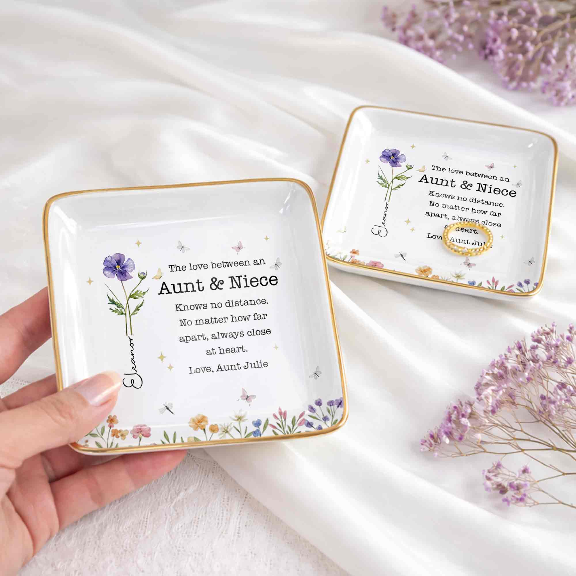 The Love Between An Aunt And Niece With Watercolor Flowers - Personalized Custom Jewelry Dish, Ceramic Dish, Square Shape - NCE091_SCRF