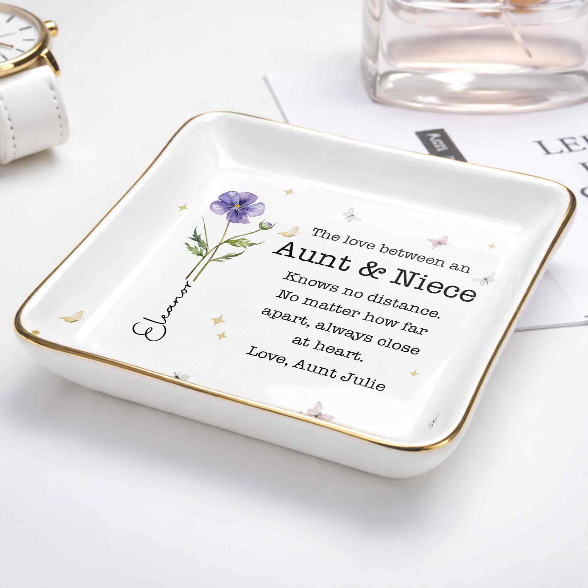 The Love Between An Aunt And Niece With Watercolor Flowers - Personalized Custom Jewelry Dish, Ceramic Dish, Square Shape - NCE091_SCRF