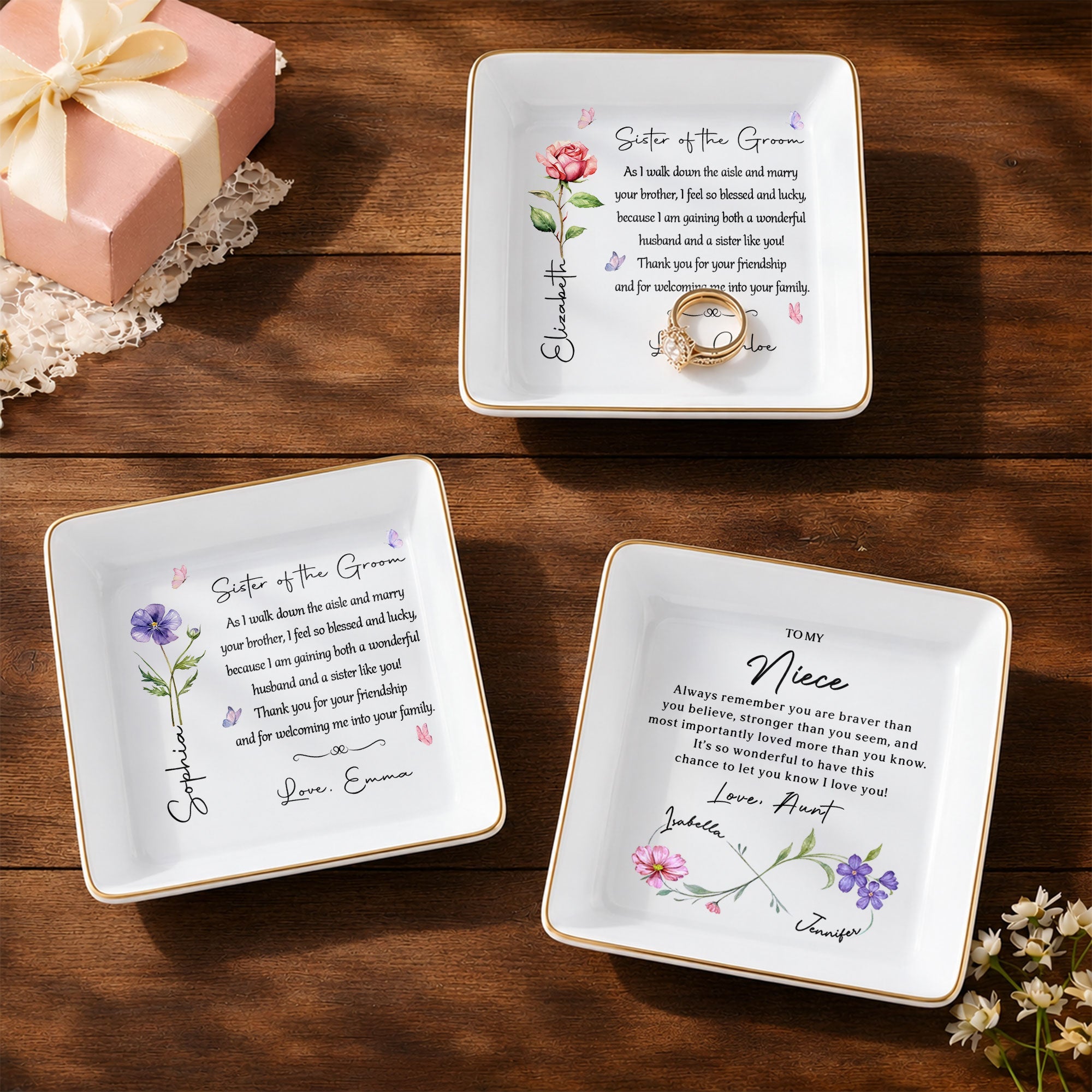 To My Niece Always Remember Braver Stronger Flowers Infinity Symbol - Personalized Custom Jewelry Dish, Square Ceramic Dish - NCE096_SCRD