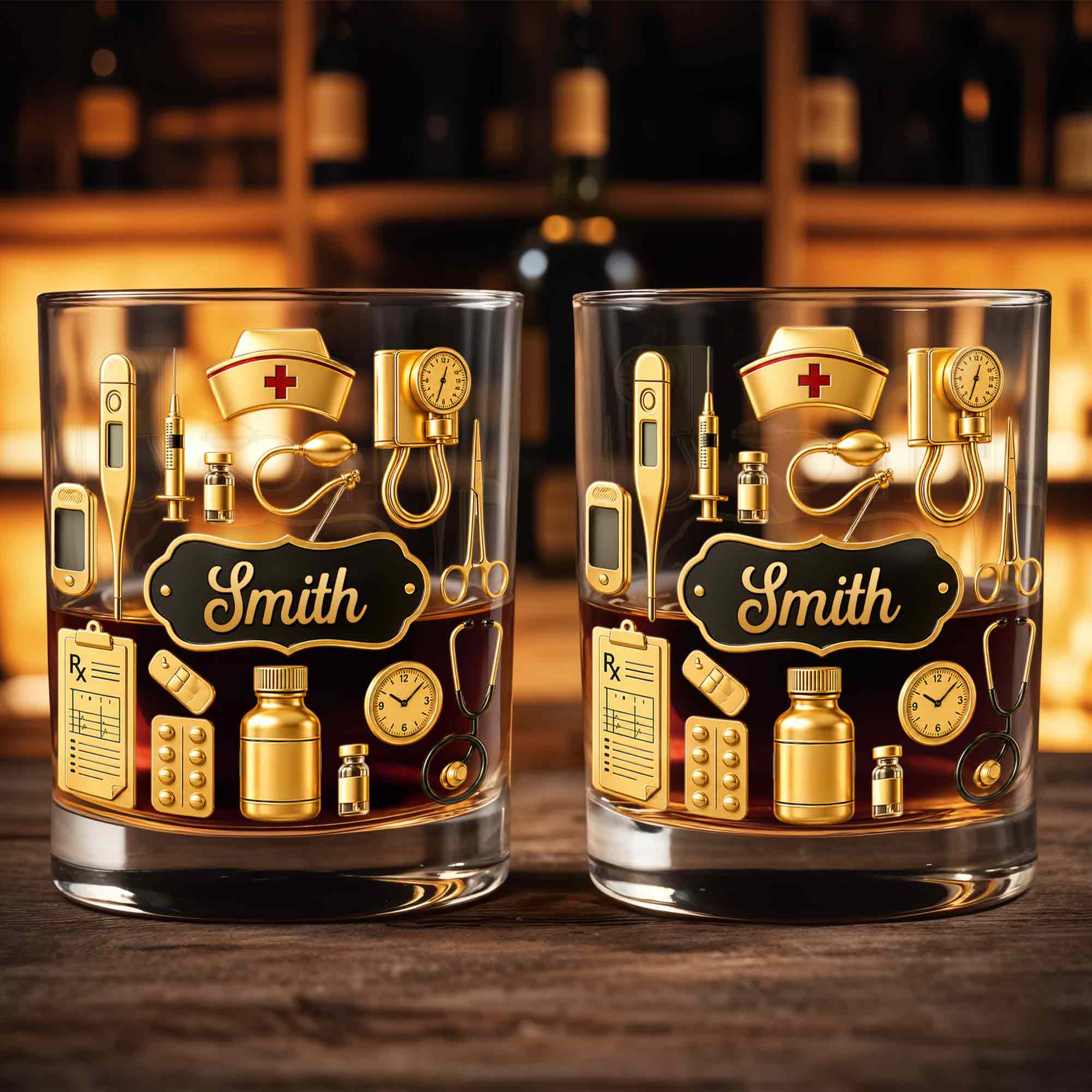 Dedicated To The Healthcare Hero Personalized Stethoscope And Medical Icons - Personalized Custom Whiskey Glass - NUR077_RWG