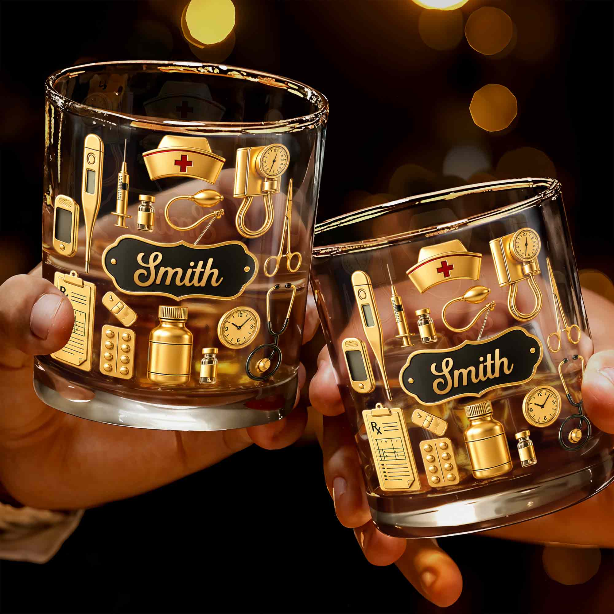 Dedicated To The Healthcare Hero Personalized Stethoscope And Medical Icons - Personalized Custom Whiskey Glass - NUR077_RWG