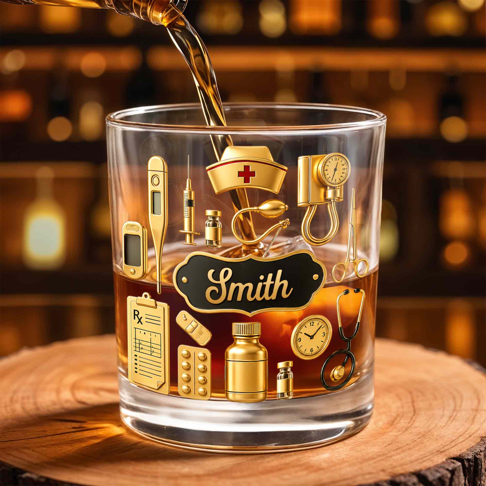 Dedicated To The Healthcare Hero Personalized Stethoscope And Medical Icons - Personalized Custom Whiskey Glass - NUR077_RWG