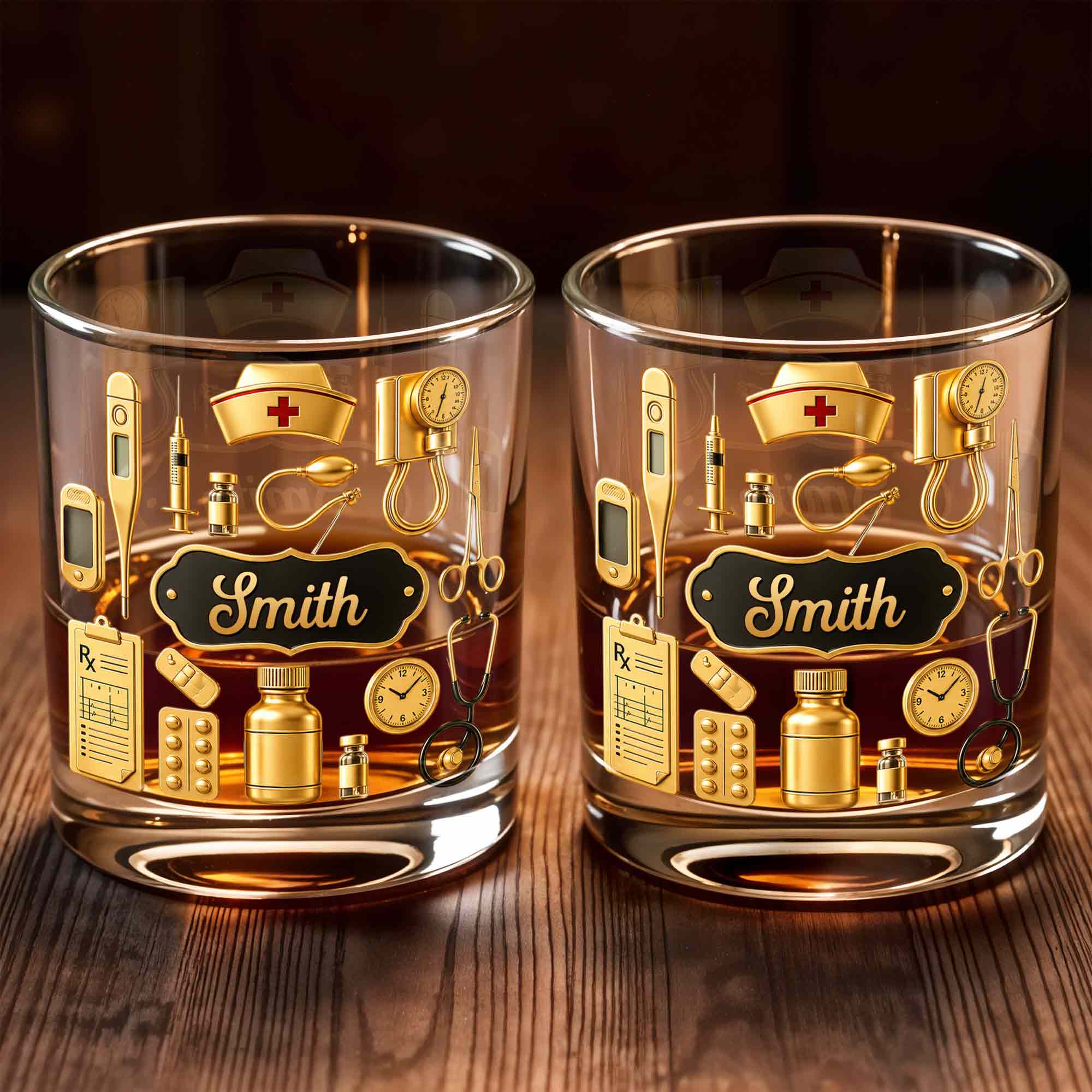 Dedicated To The Healthcare Hero Personalized Stethoscope And Medical Icons - Personalized Custom Whiskey Glass - NUR077_RWG