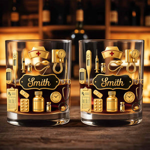 Dedicated To The Healthcare Hero Personalized Stethoscope And Medical Icons - Personalized Custom Whiskey Glass - NUR077_RWG